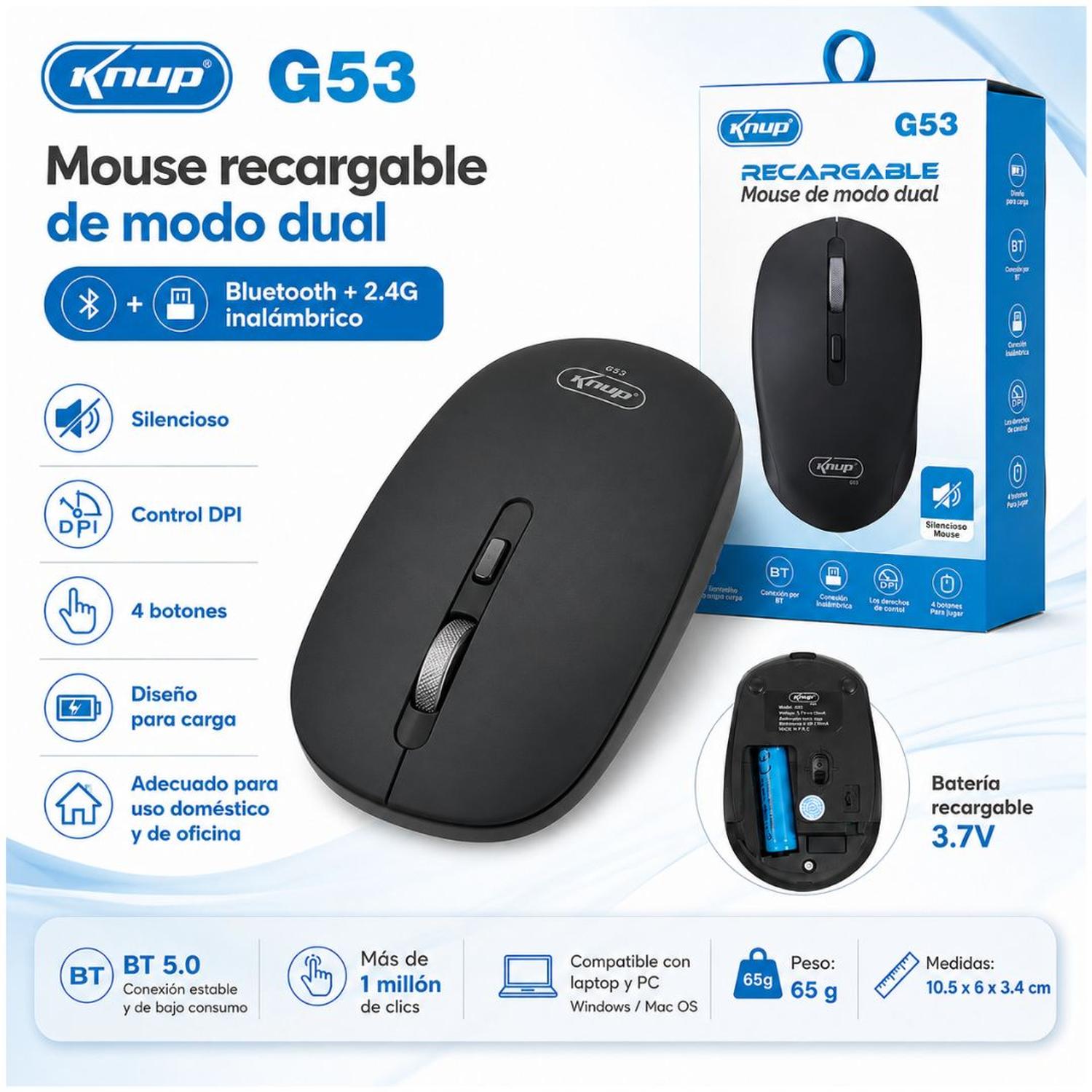 MOUSE INALÁMBRICO RECARGABLE KNUP G53 SILENCIOSO BLUETOOTH Y 2.4G LAPTOP PC TAMAÑO M - 4