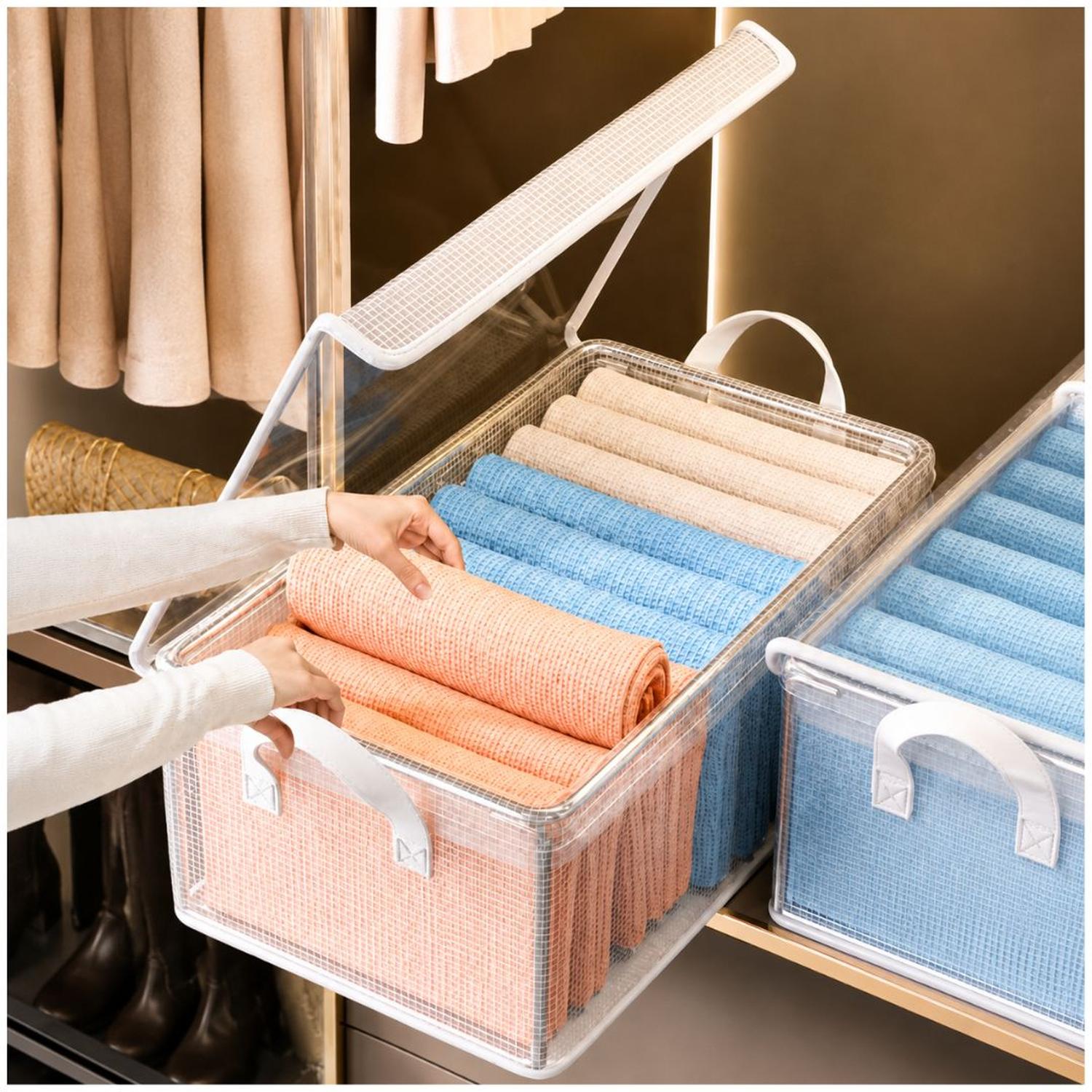PACK X2 CAJAS ORGANIZADORAS DE ROPA MULTIUSOS PLEGABLE TRANSPARENTE CON TAPA - 1