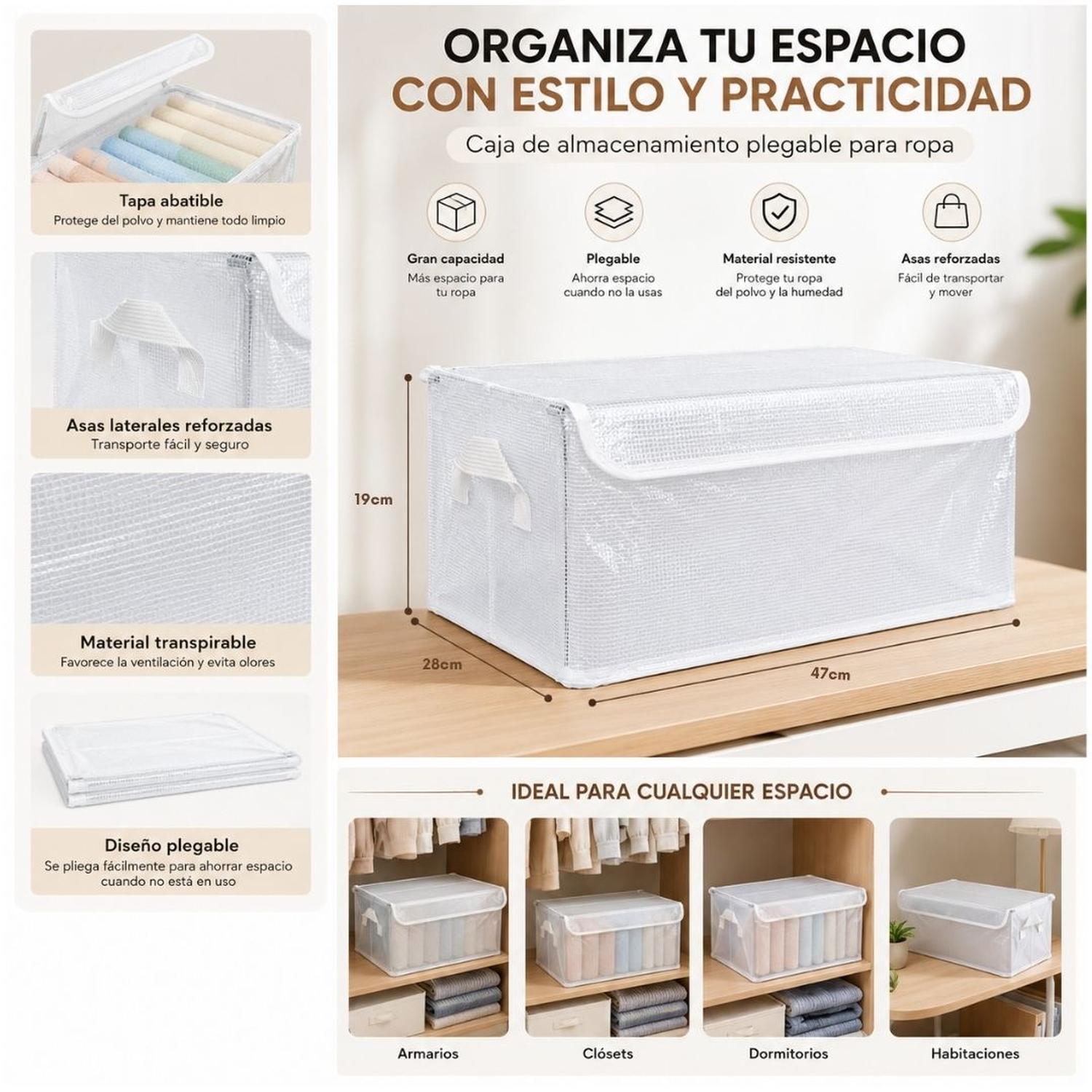 PACK X2 CAJAS ORGANIZADORAS DE ROPA MULTIUSOS PLEGABLE TRANSPARENTE CON TAPA - 4