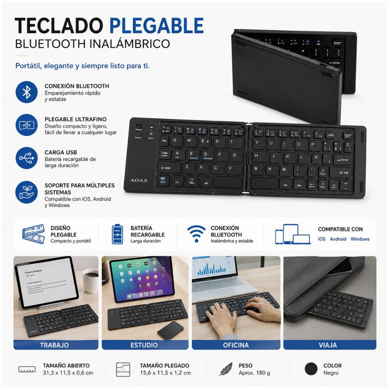 TECLADO BLUETOOTH AOAS A-1007 PLEGABLE ULTRA FINO PARA PC LAPTOP TABLET CELULAR - 2