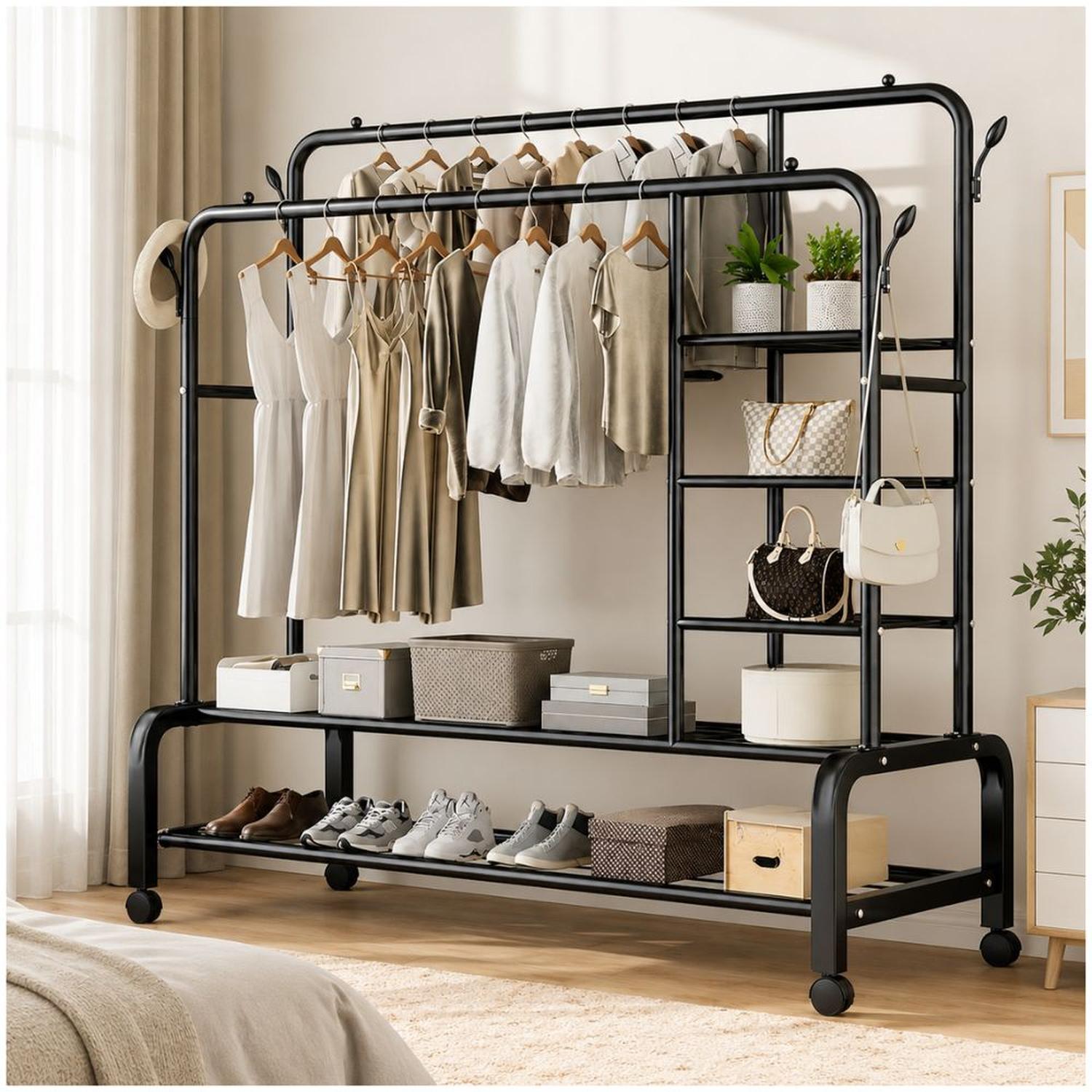 ORGANIZADOR DE ROPA NEGRO DOBLE BARRA METAL SOPORTA 68KG 160X110X55CM CON RUEDAS - 1