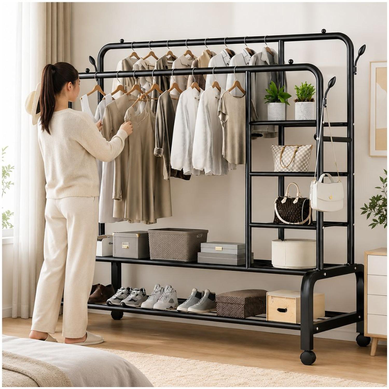 ORGANIZADOR DE ROPA NEGRO DOBLE BARRA METAL SOPORTA 68KG 160X110X55CM CON RUEDAS - 2