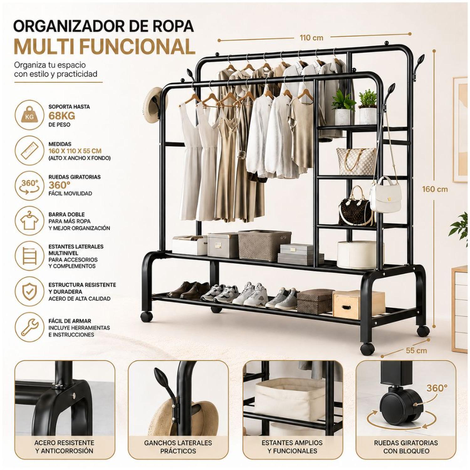 ORGANIZADOR DE ROPA NEGRO DOBLE BARRA METAL SOPORTA 68KG 160X110X55CM CON RUEDAS - 3