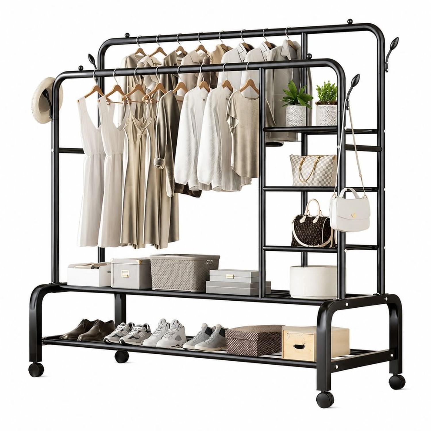 ORGANIZADOR DE ROPA NEGRO DOBLE BARRA METAL SOPORTA 68KG 160X110X55CM CON RUEDAS - 4