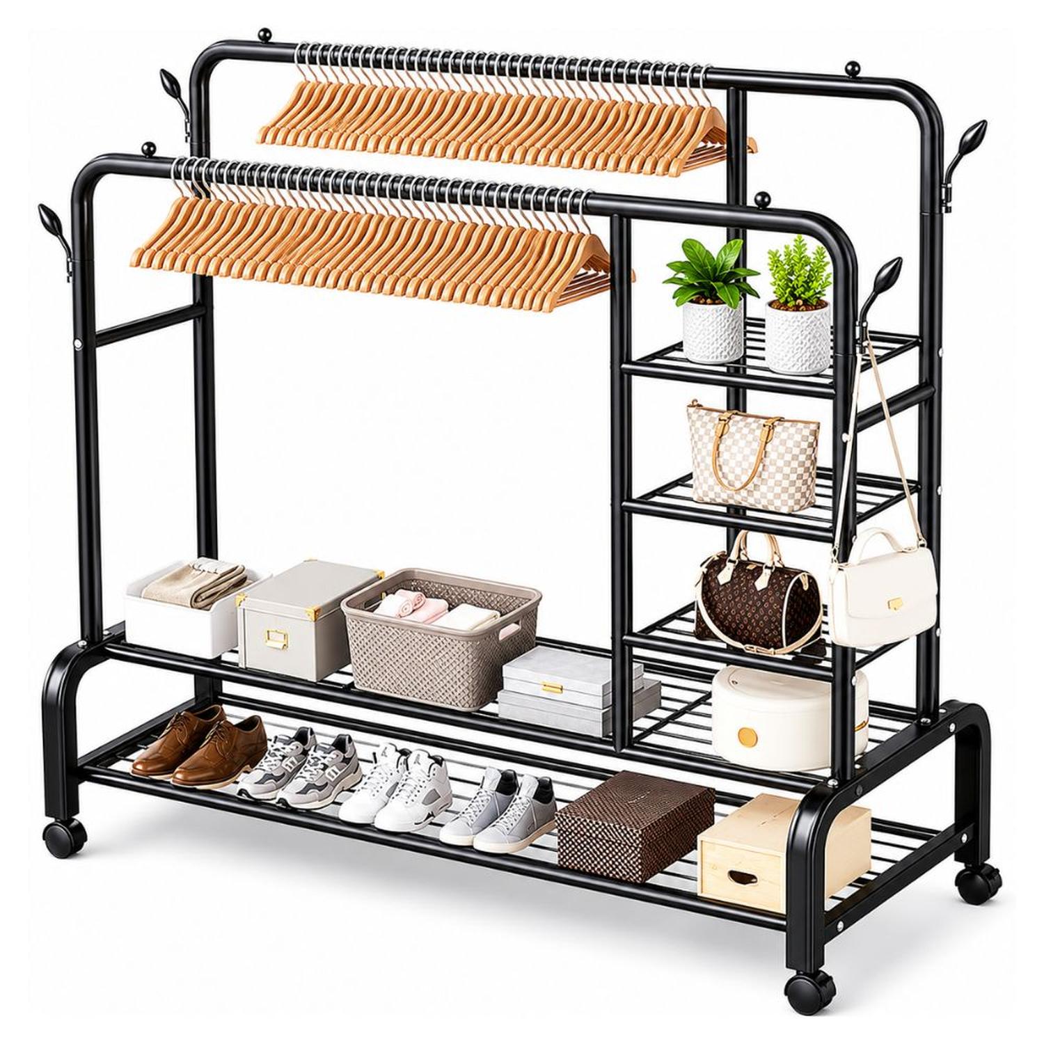 ORGANIZADOR DE ROPA NEGRO DOBLE BARRA METAL SOPORTA 68KG 160X110X55CM CON RUEDAS - 5