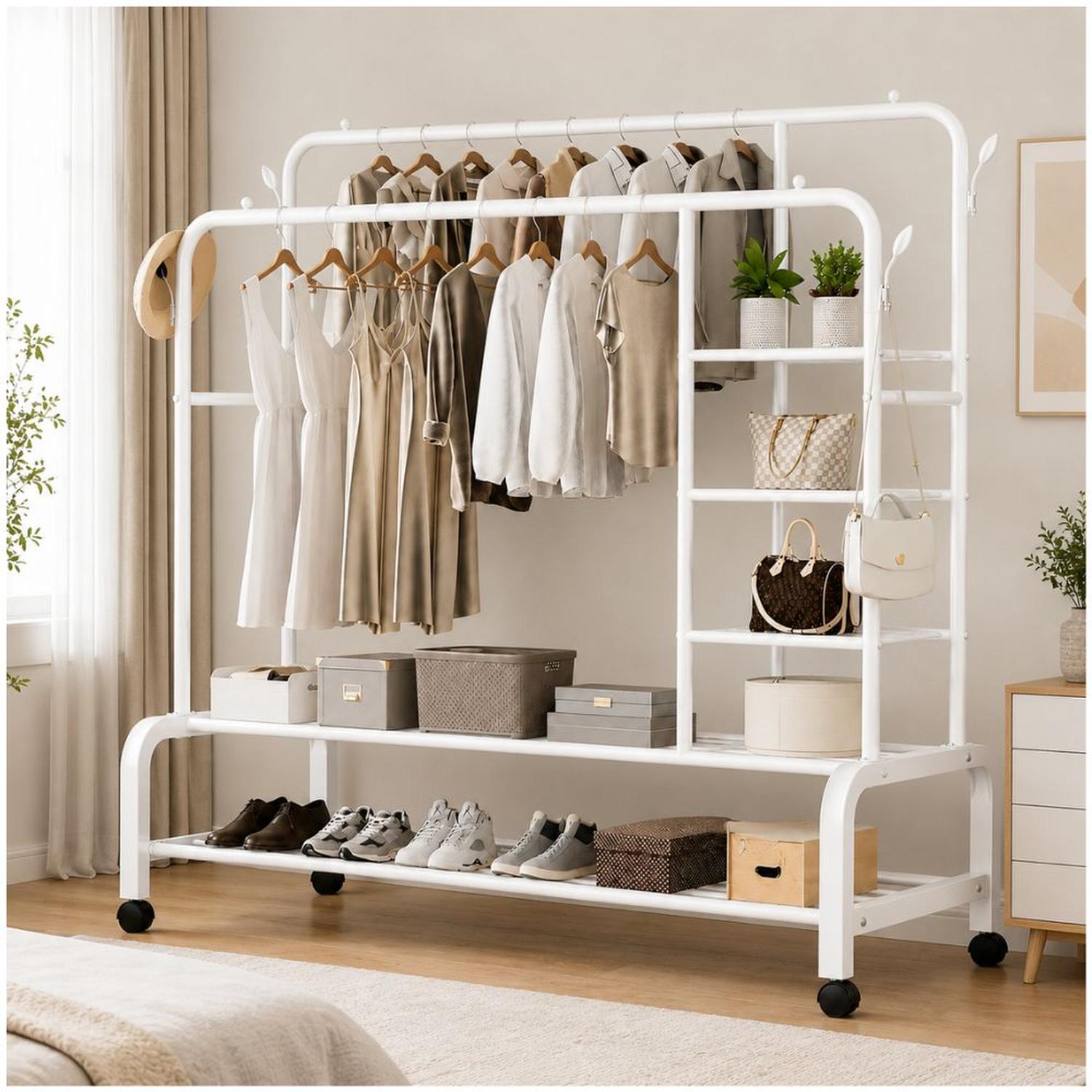 ORGANIZADOR DE ROPA BLANCO DOBLE BARRA METAL SOPORTA 68KG 160X110X55CM CON RUEDAS - 1