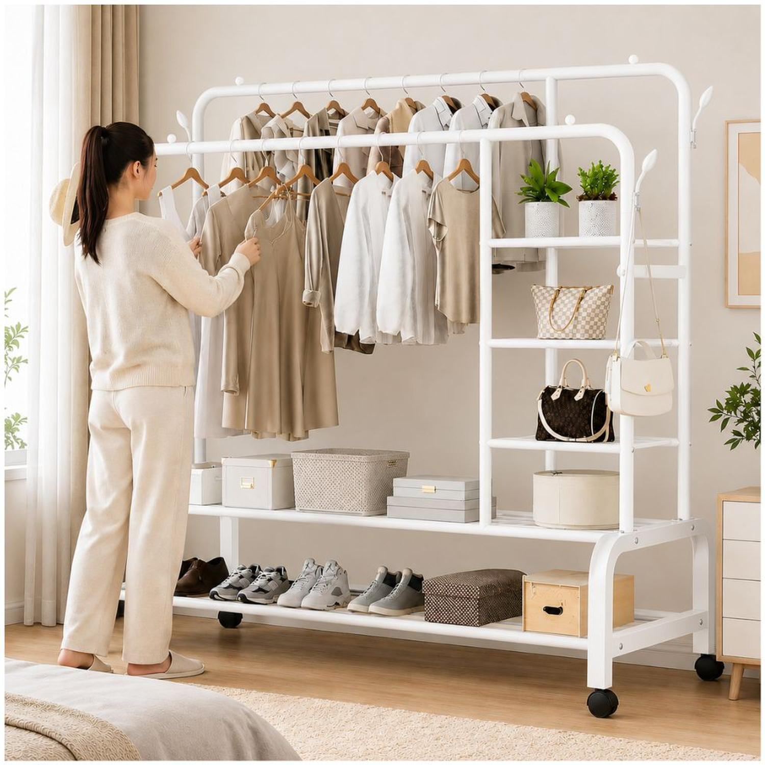 ORGANIZADOR DE ROPA BLANCO DOBLE BARRA METAL SOPORTA 68KG 160X110X55CM CON RUEDAS - 2
