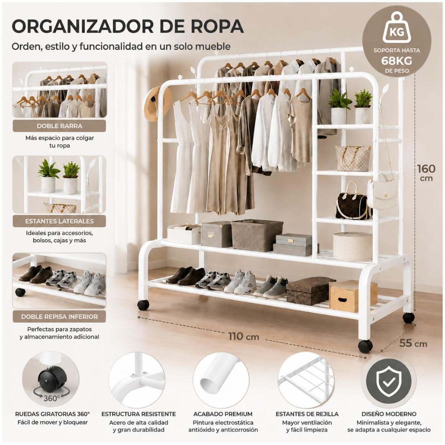 ORGANIZADOR DE ROPA BLANCO DOBLE BARRA METAL SOPORTA 68KG 160X110X55CM CON RUEDAS - 3