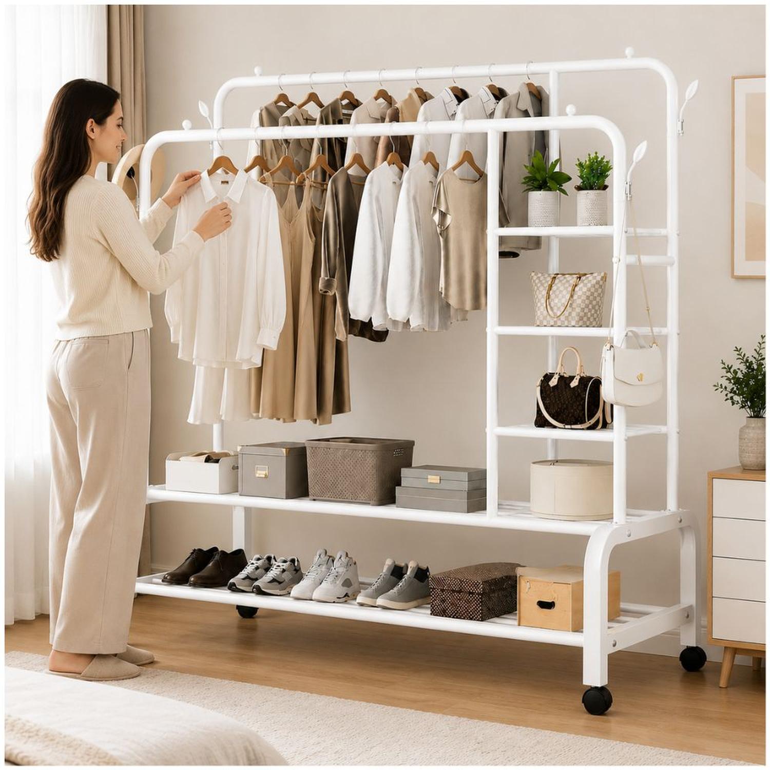 ORGANIZADOR DE ROPA BLANCO DOBLE BARRA METAL SOPORTA 68KG 160X110X55CM CON RUEDAS - 4