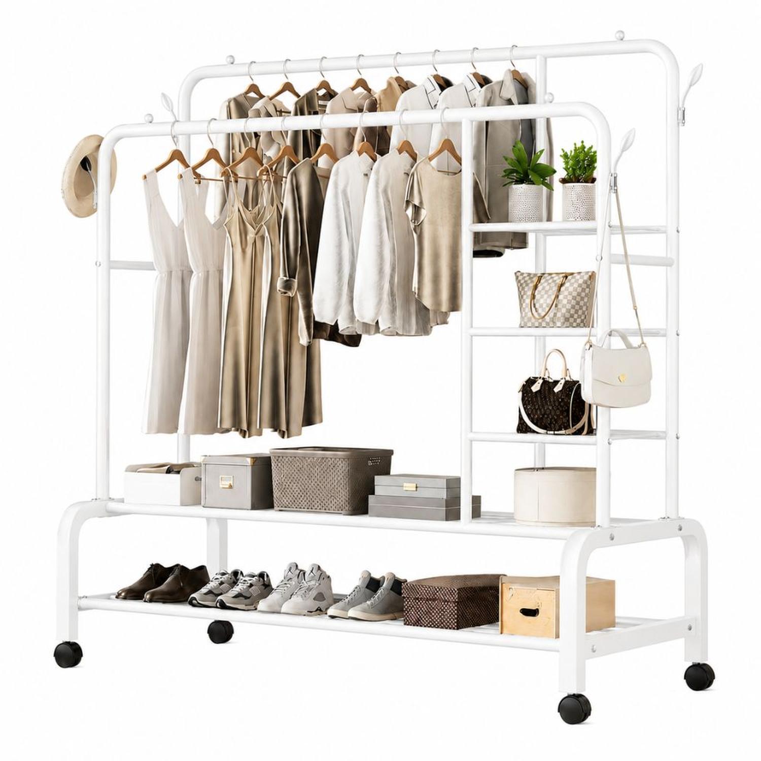 ORGANIZADOR DE ROPA BLANCO DOBLE BARRA METAL SOPORTA 68KG 160X110X55CM CON RUEDAS - 5