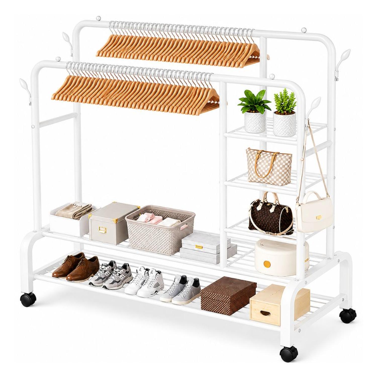 ORGANIZADOR DE ROPA BLANCO DOBLE BARRA METAL SOPORTA 68KG 160X110X55CM CON RUEDAS - 6