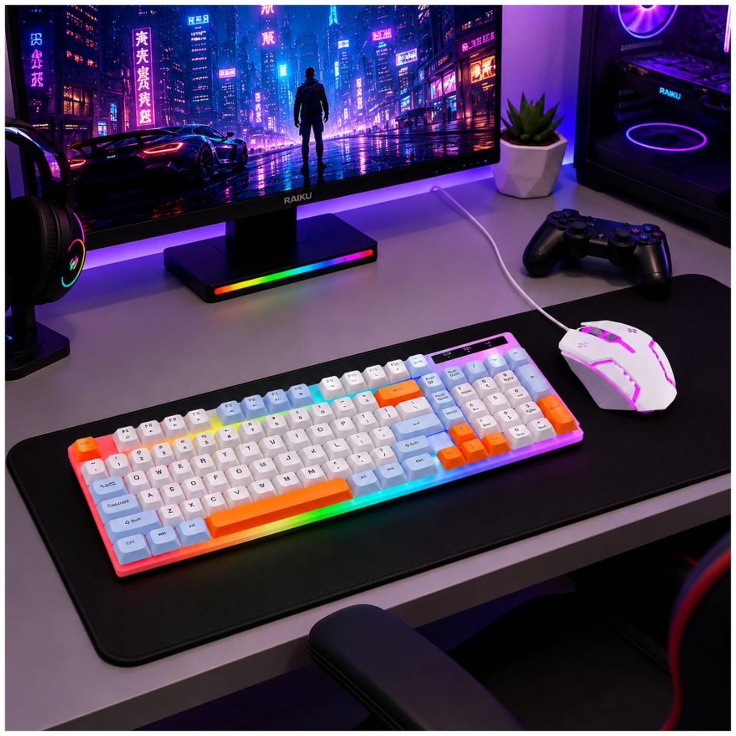 KIT TECLADO Y MOUSE RGB COMBO GAMER BLANCO RAIKU T28 2 EN 1 PARA PC LAPTOP - 2
