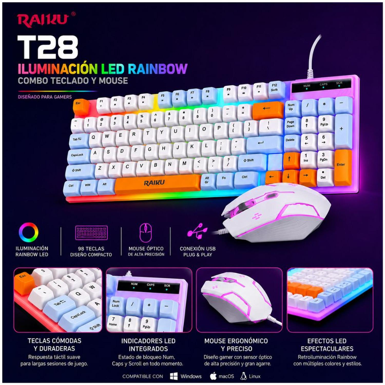 KIT TECLADO Y MOUSE RGB COMBO GAMER BLANCO RAIKU T28 2 EN 1 PARA PC LAPTOP - 3