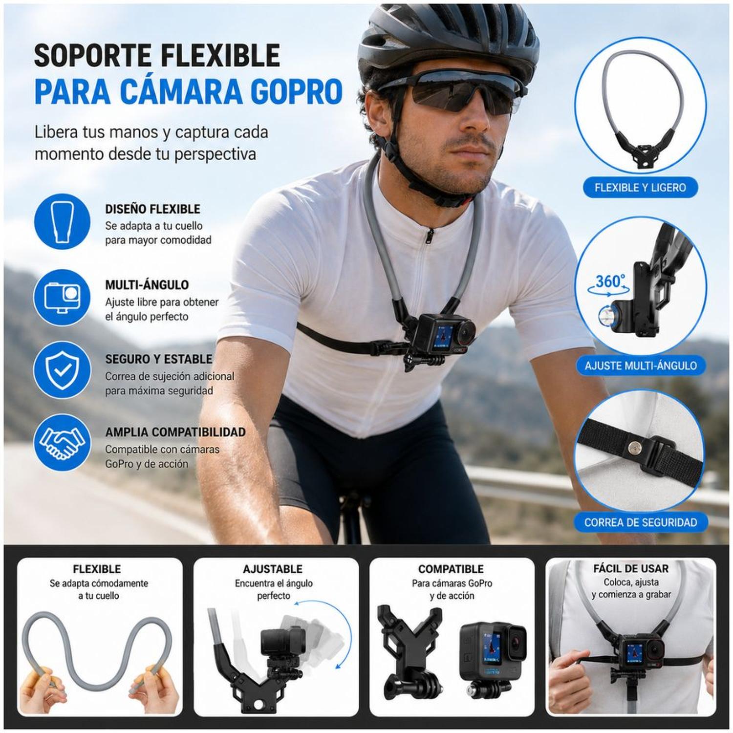 SOPORTE FLEXIBLE PLEGABLE DE CUELLO PARA CÁMARA DE ACCIÓN AJUSTE MULTIÁNGULO - 2