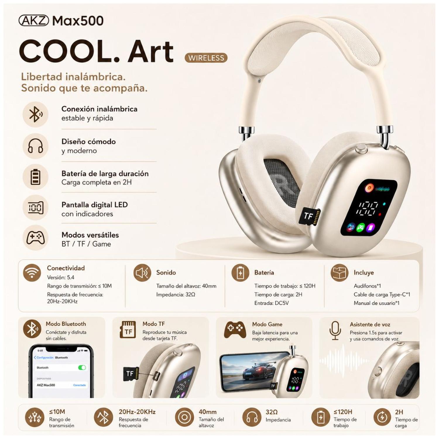AUDÍFONOS INALÁMBRICOS BLUETOOTH AKZ MAX500 PANTALLA DIGITAL VINCHA AJUSTABLE TAMAÑO M - 3