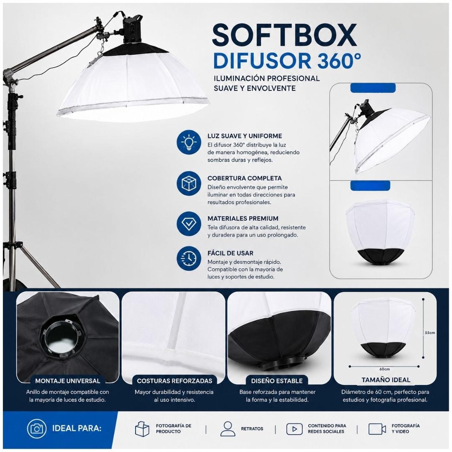 DIFUSOR SOFTBOX 360° PROFESIONAL PARA FOTOGRAFÍA Y VIDEO 60CM - 2