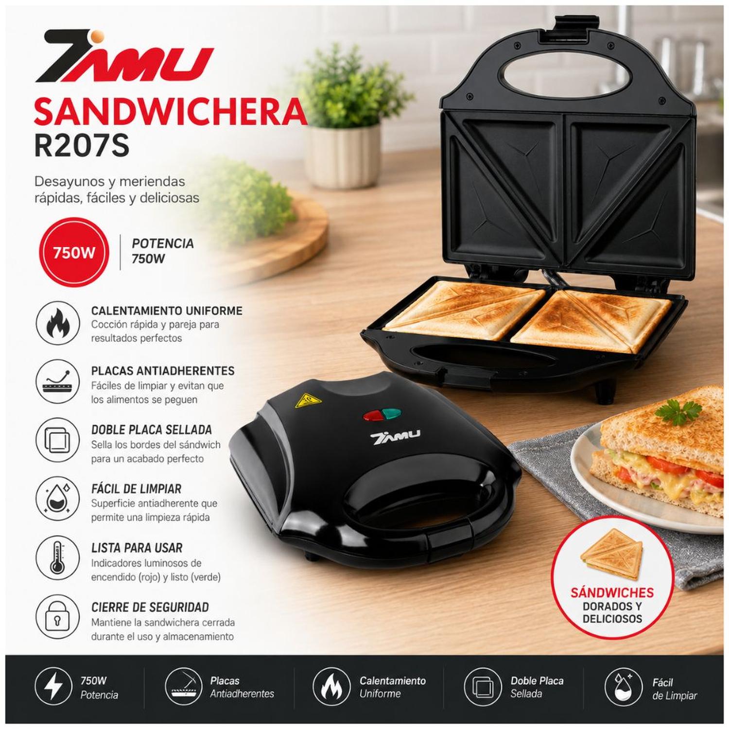 SANDWICHERA R207S 750W ANTIADHERENTE DOBLE COMPARTIMIENTO CIERRE SEGURO - 2
