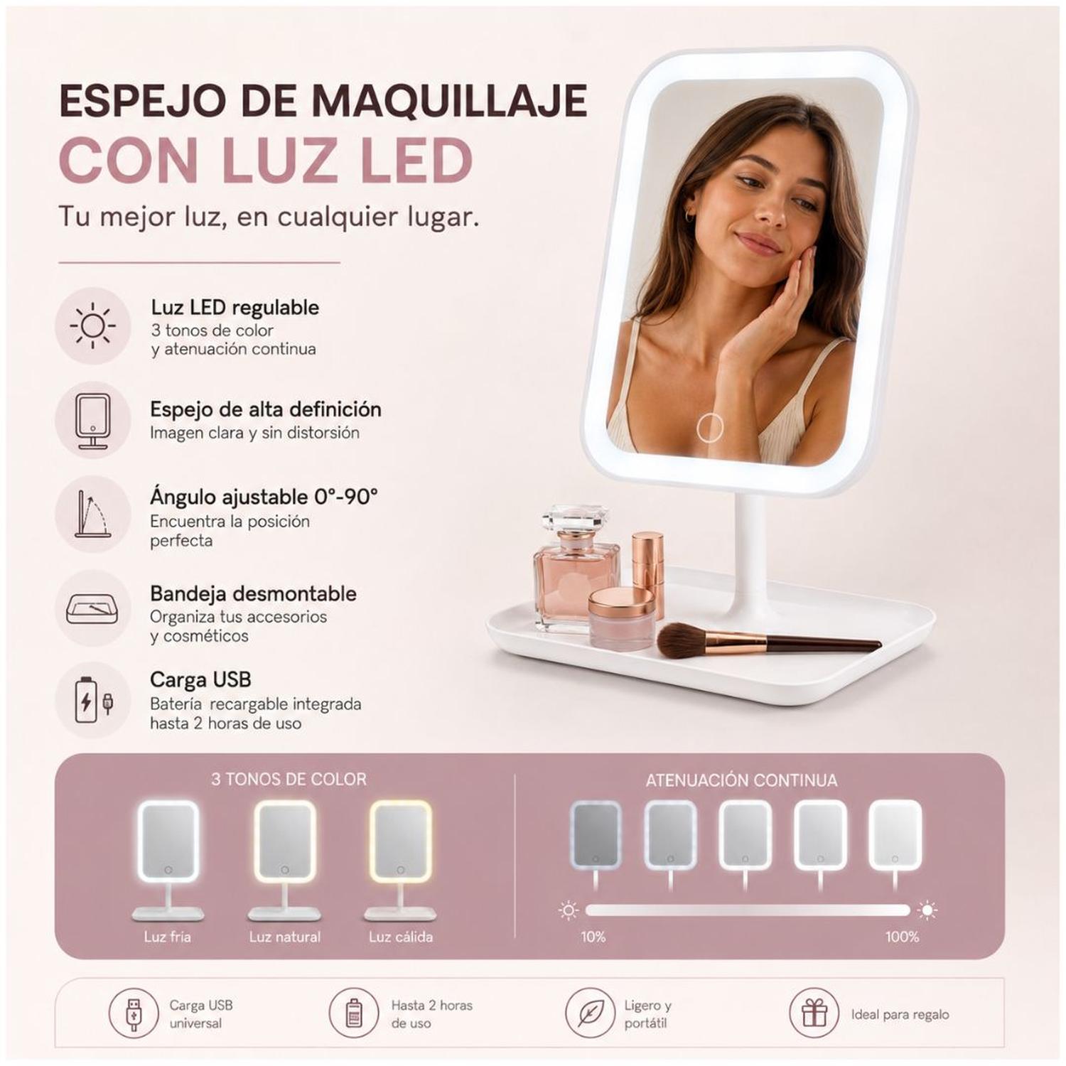 ESPEJO LED RECARGABLE 3 TONOS DE ILUMINACIÓN CONTROL TÁCTIL ÁNGULO AJUSTABLE - 4