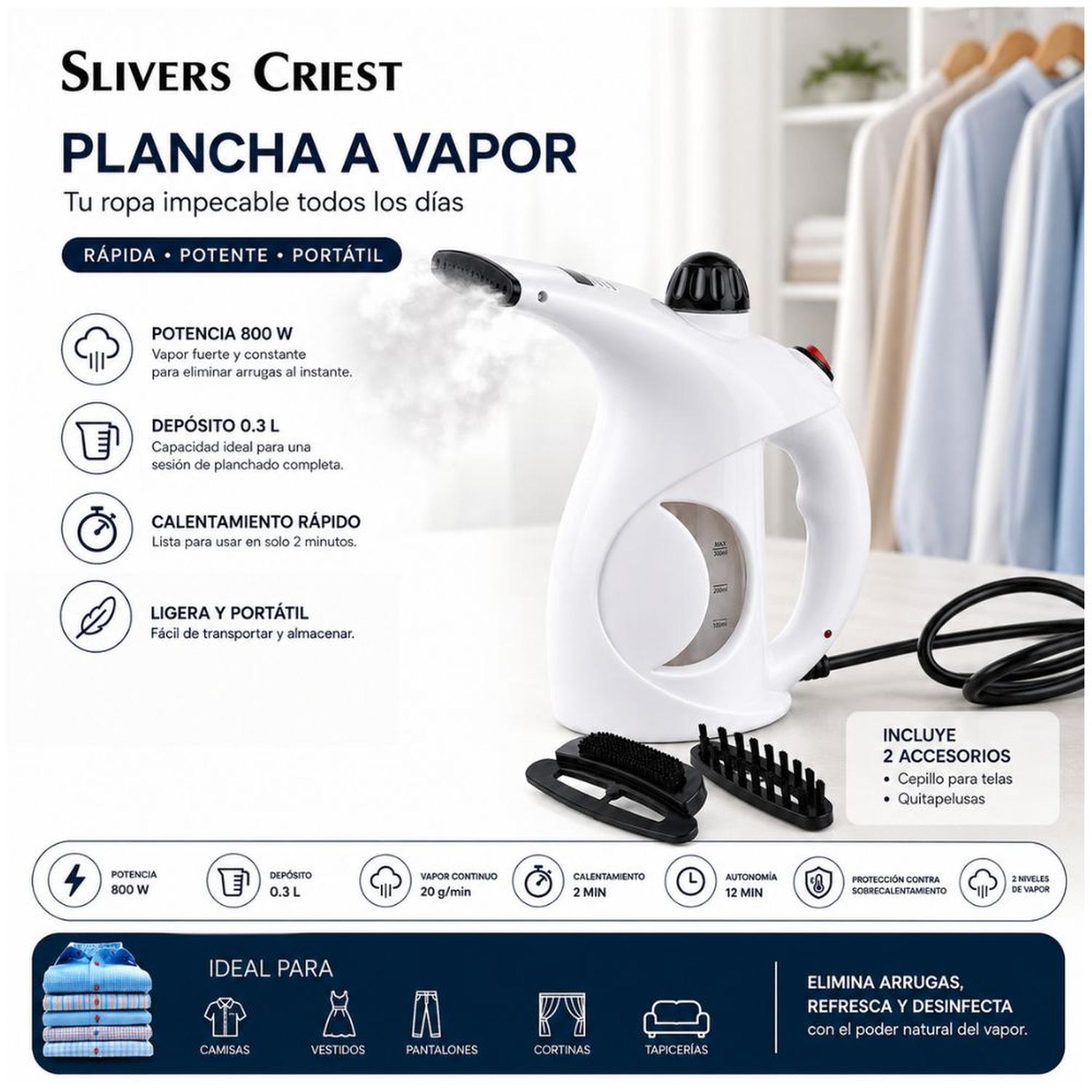 PLANCHA A VAPOR PORTÁTIL BLANCO SC-9741 PARA ROPA 800W PLANCHADO VERTICAL - 2