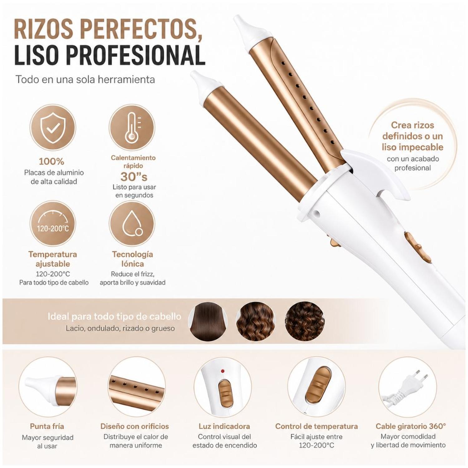 PLANCHA ALISADORA RIZADORA 809 DE PELO 2 EN 1 PROFESIONAL PARA CABELLO - 2
