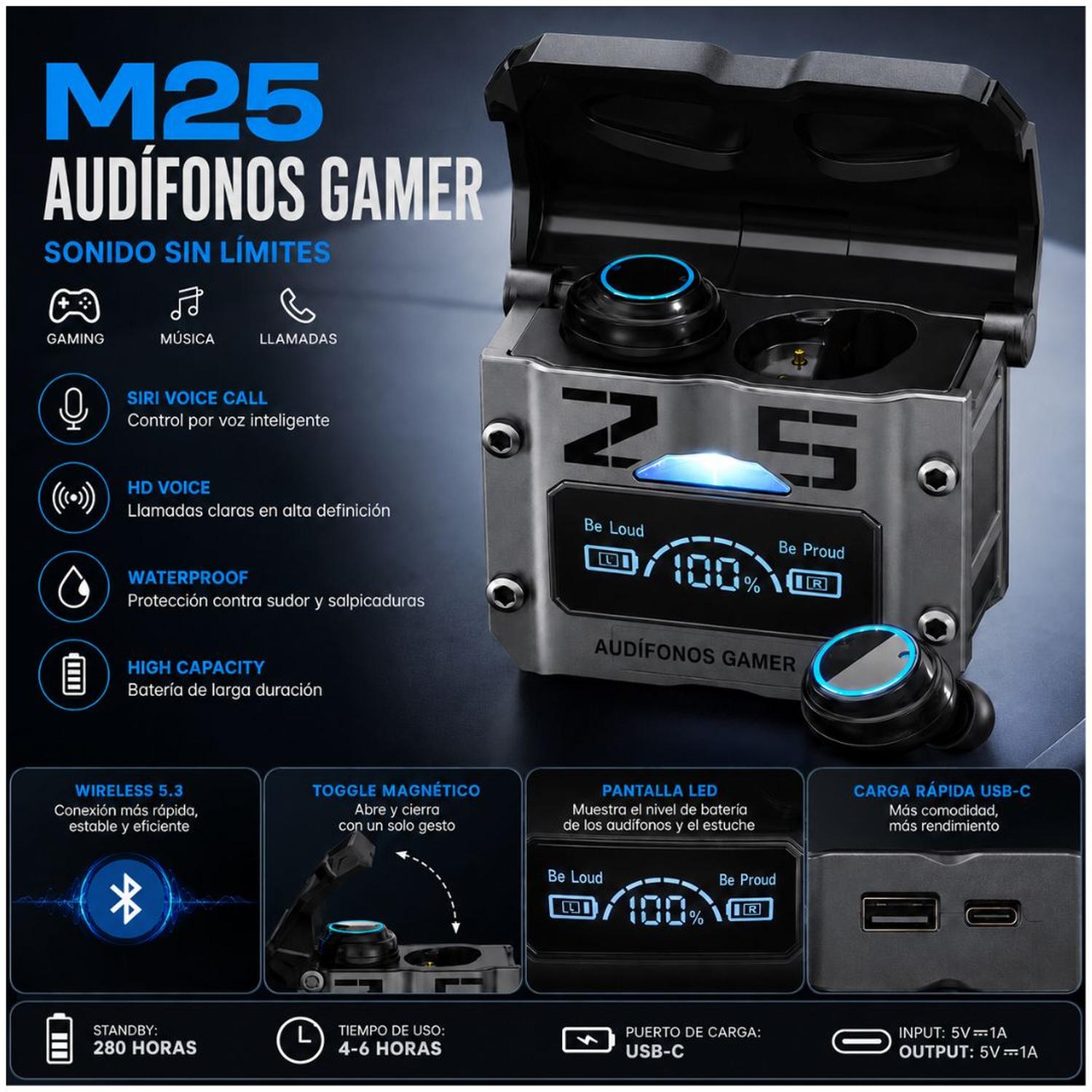 AUDÍFONOS GAMER ENC INALÁMBRICOS M25 BLUETOOTH 5.3 POWER BANK PANTALLA LED - 2