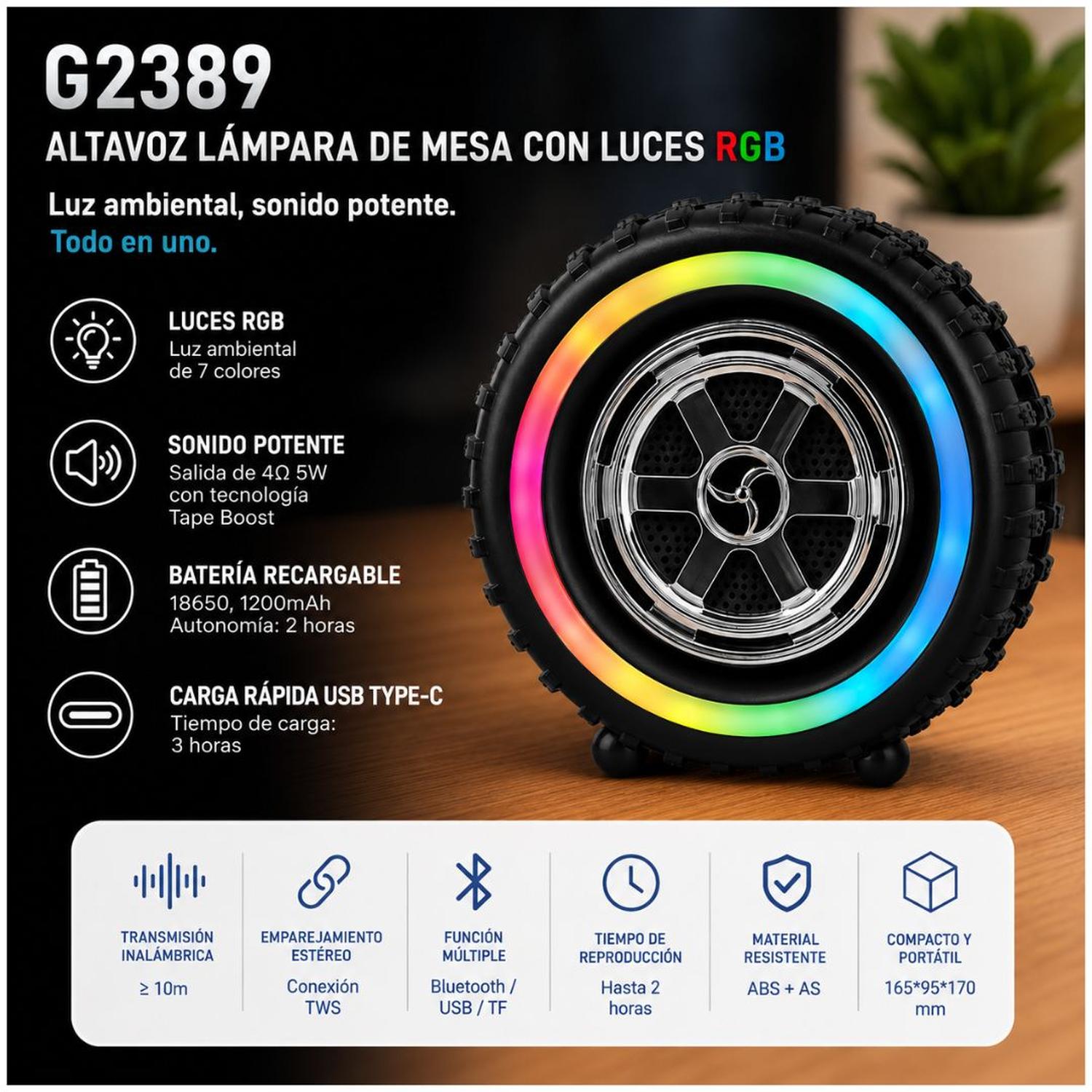 PARLANTE NEUMÁTICO BLUETOOTH LUCES RGB G2389 RECARGABLE 5W USB TF - 2