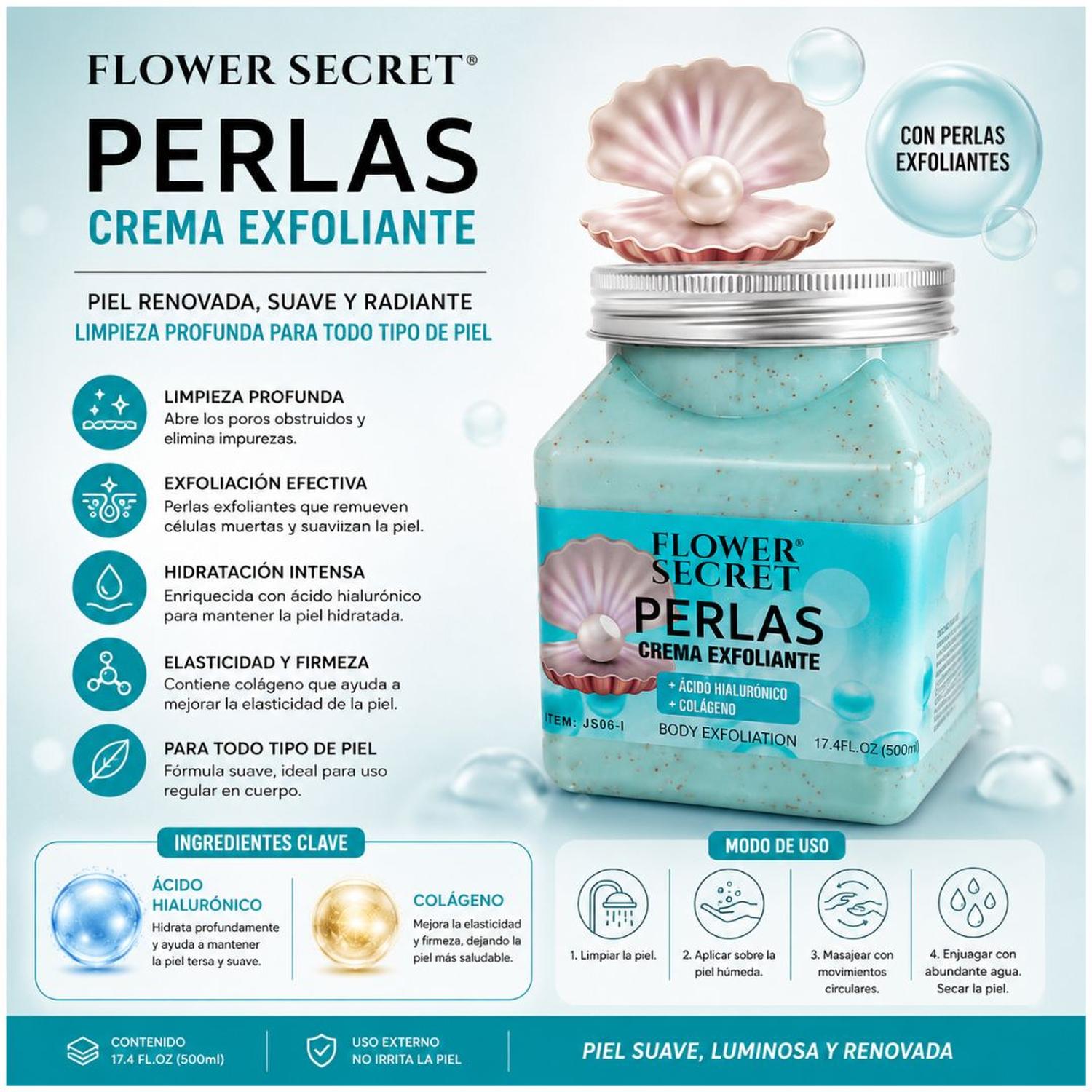CREMA EXFOLIANTE CORPORAL FLOWER SECRET PERLAS 500 ML ÁCIDO HIALURÓNICO COLÁGENO - 2