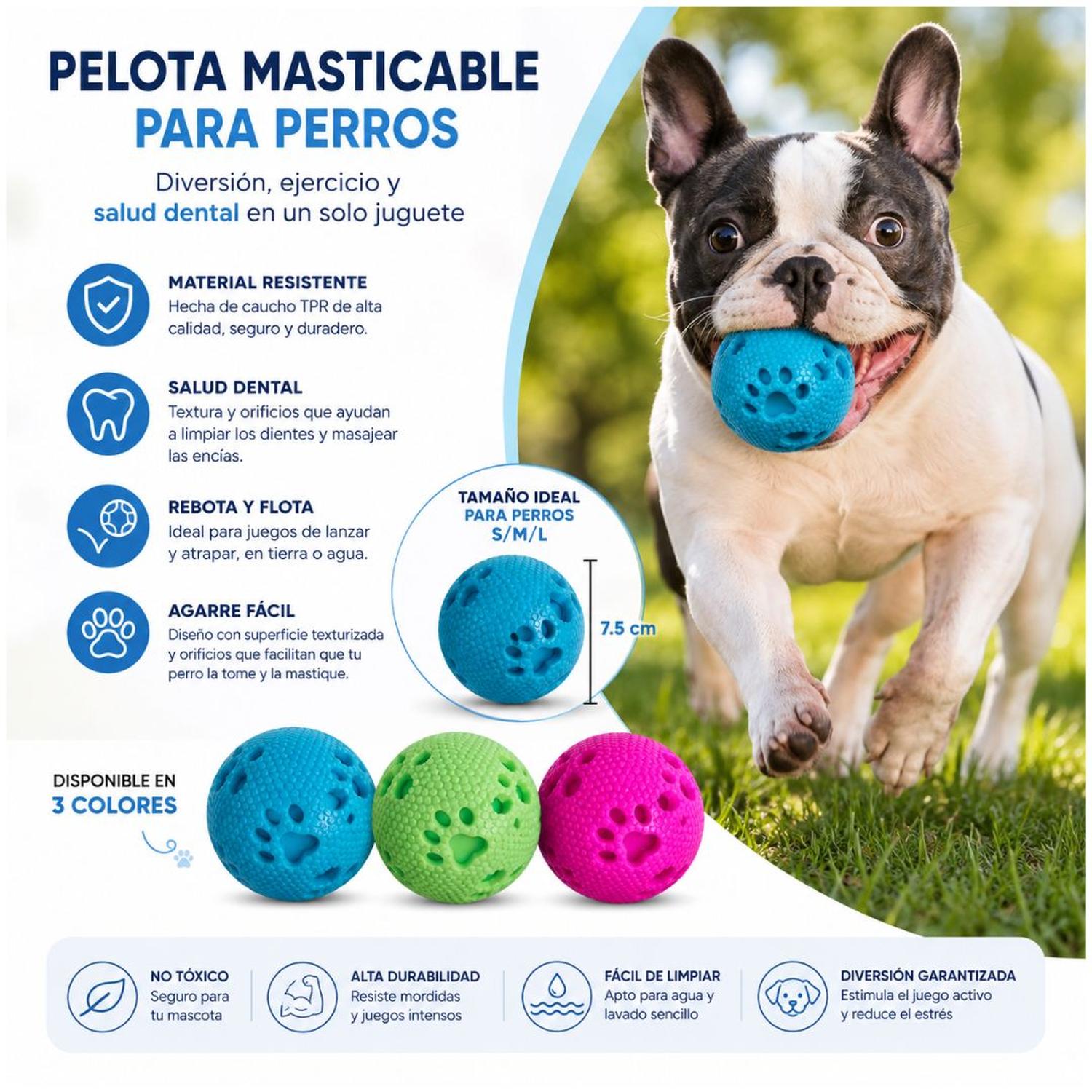 PELOTA PARA PERROS MASTICABLE 7.5 CM JUGUETE INTERACTIVO CON TEXTURA ANTIESTRÉS TAMAÑO M - 6