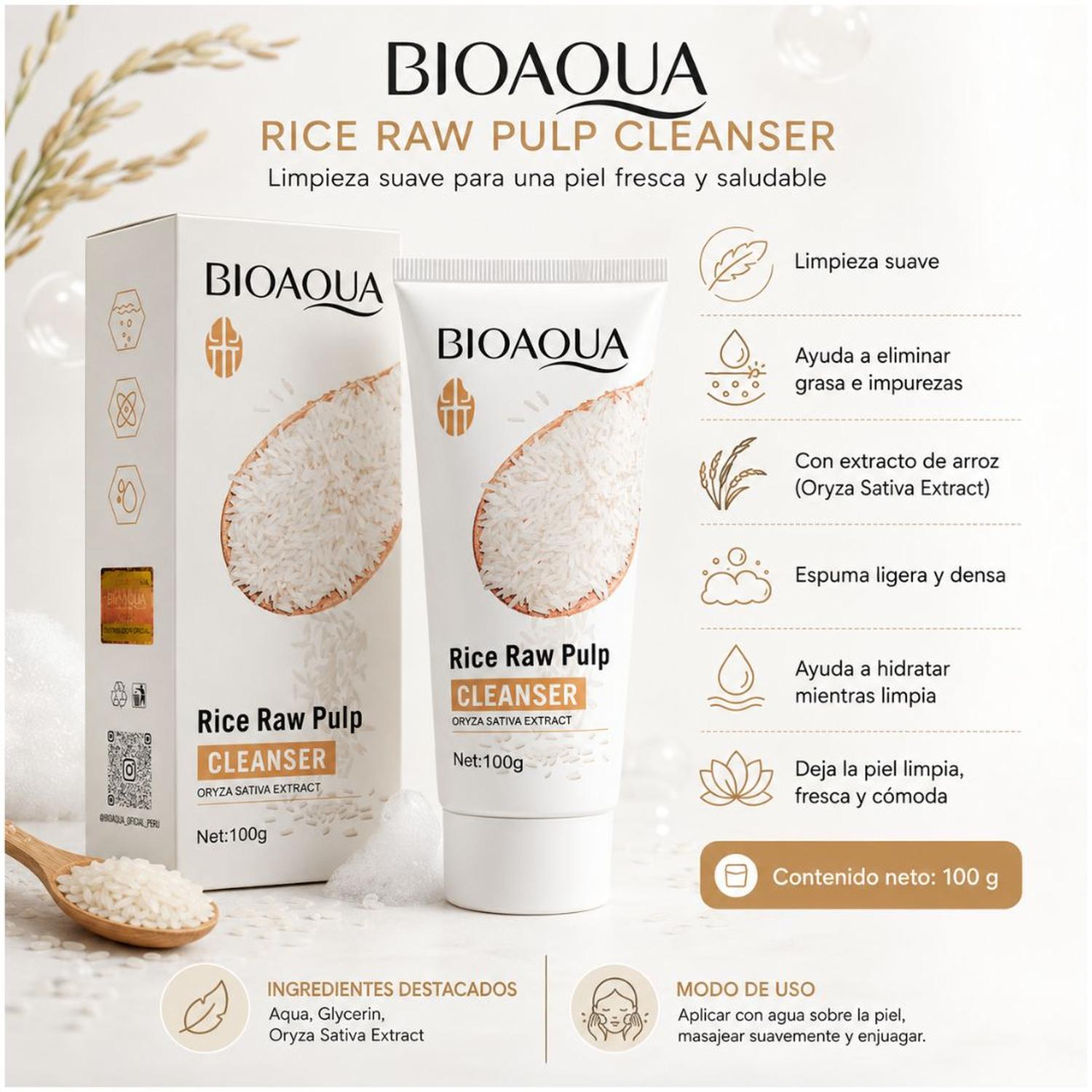 LIMPIADOR FACIAL EN ESPUMA BIOAQUA CON EXTRACTO DE ARROZ 100G HIDRATA - 3