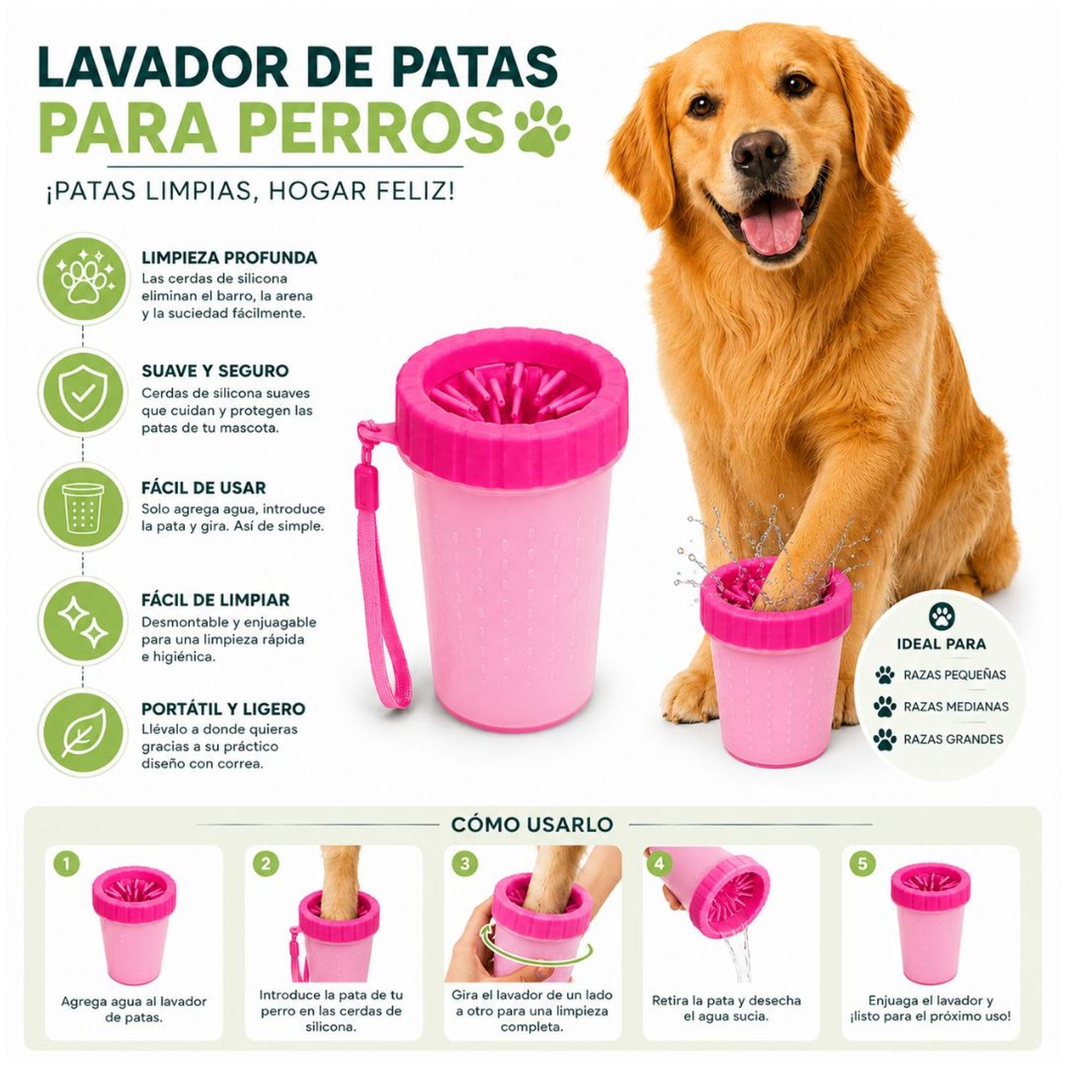 LAVADOR LIMPIADOR GRANDE DE PATAS PARA PERROS CON CERDAS DE SILICONA SUAVE ROSA TAMAÑO M - 4