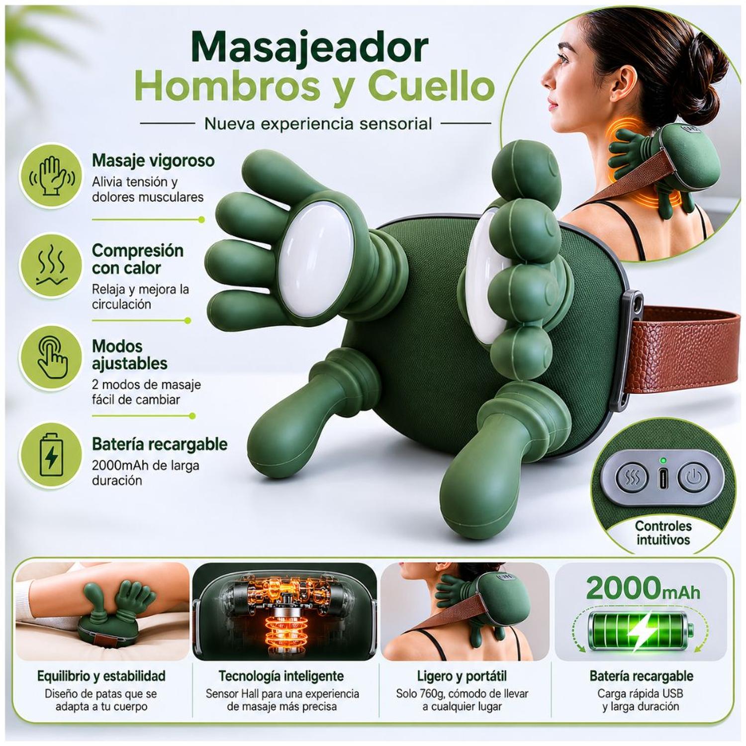 MASAJEADOR CUELLO CERVICAL ESPALDA CON CALOR FORMA DE MANOS JBY-827 RECARGABLE - 2