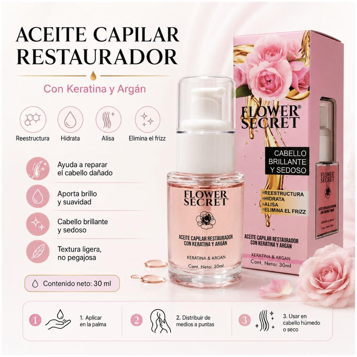 ACEITE CAPILAR ANTI-FRIZZ FLOWER SECRET 30ML CON KERATINA Y ARGÁN BRILLO Y REPARACIÓN - 3