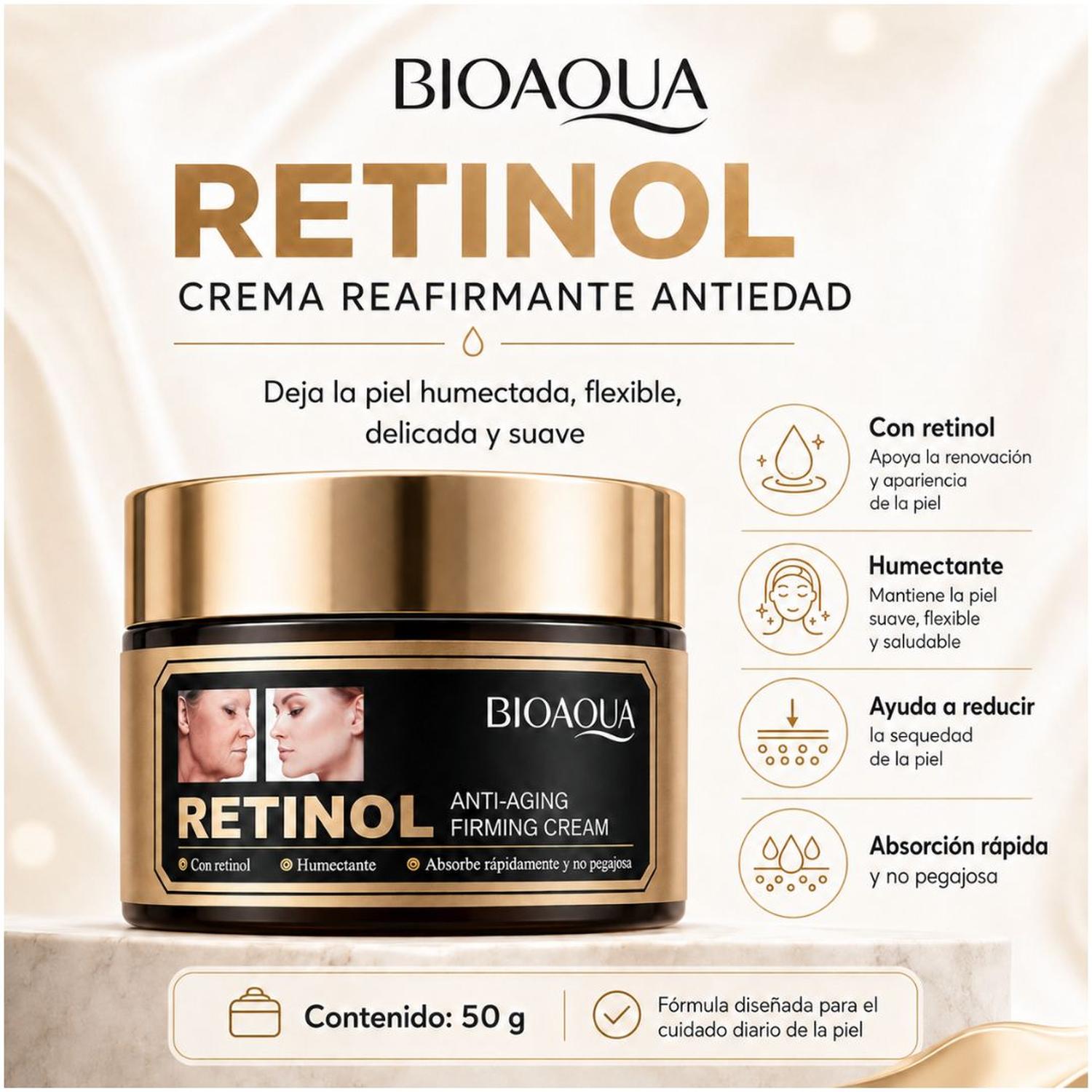 CREMA FACIAL BIOAQUA RETINOL 50G ANTIEDAD ANTIARRUGAS REAFIRMANTE HUMECTANTE - 3