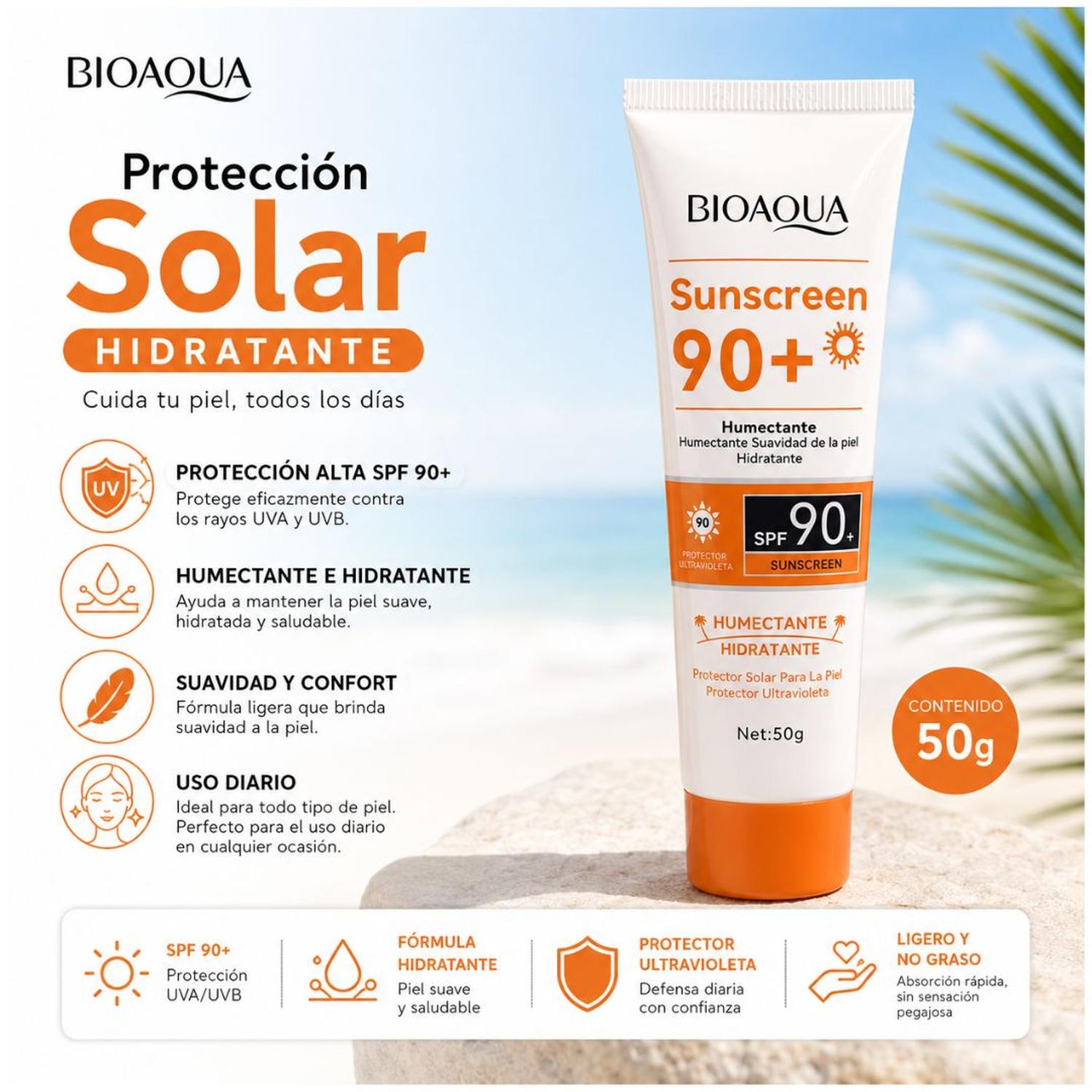 PROTECTOR SOLAR BIOAQUA SPF 90+ HUMECTANTE HIDRATANTE 50G FACIAL Y CORPORAL - 2
