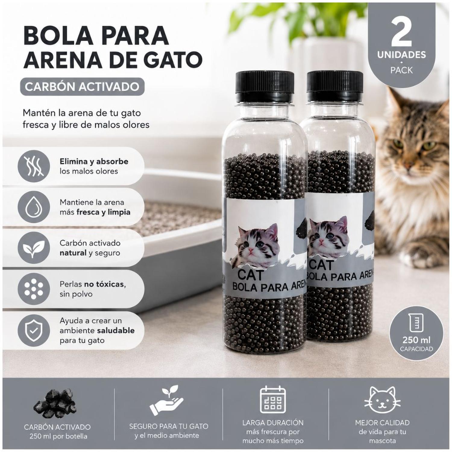 PACK X2 PERLAS BOLAS DE CARBÓN ACTIVADO 500 ML DESODORANTE ARENA ARENERO DE GATO - 3