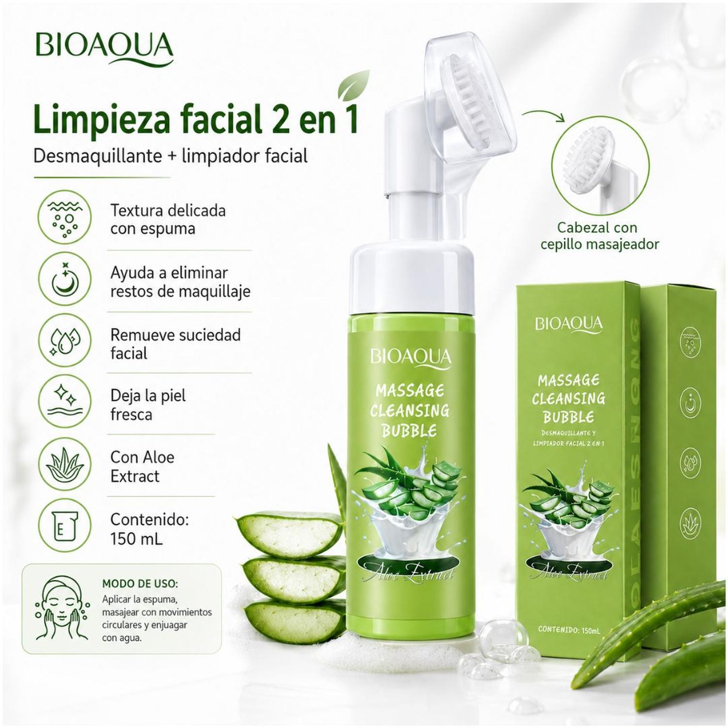 LIMPIADOR DESMAQUILLADOR FACIAL 2 EN 1 BIOAQUA 150ML CON ALOE Y CEPILLO MASAJEADOR - 2