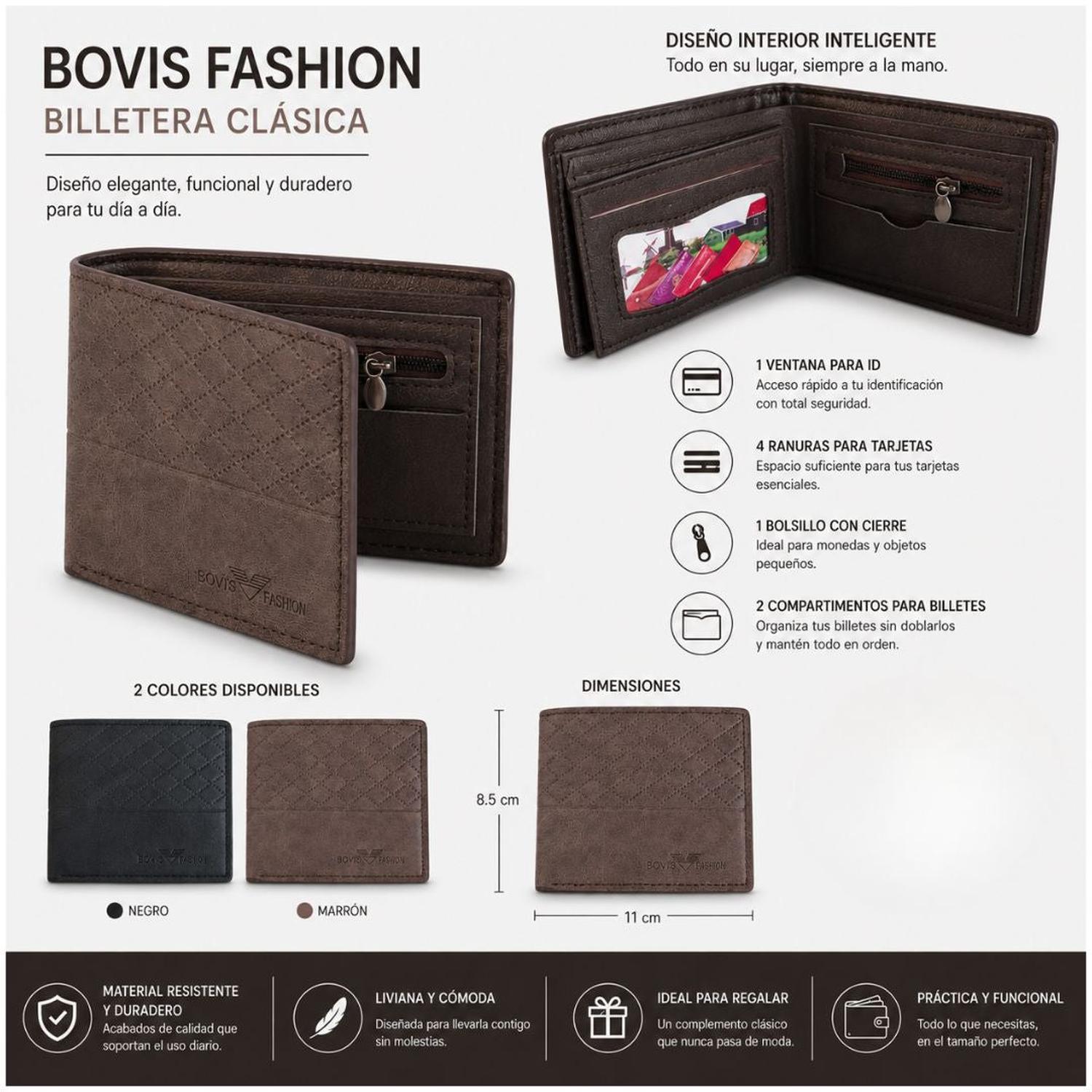 BILLETERA BOVIS FASHION HOMBRE DISEÑO TEXTURIZADO CON CIERRE Y TARJETERO TAMAÑO M - 7