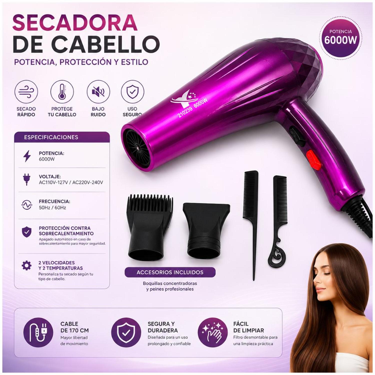 SECADORA DE CABELLO PROFESIONAL MODELO 270239 4 EN 1 DE 6000W - 3
