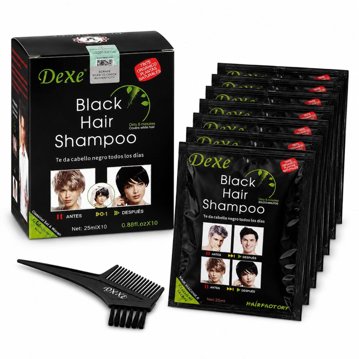 PACK X10 CHAMPÚ TINTE NEGRO DEXE 250ML PARA CANAS CABELLO BARBA PEINE Y GUANTES - 1