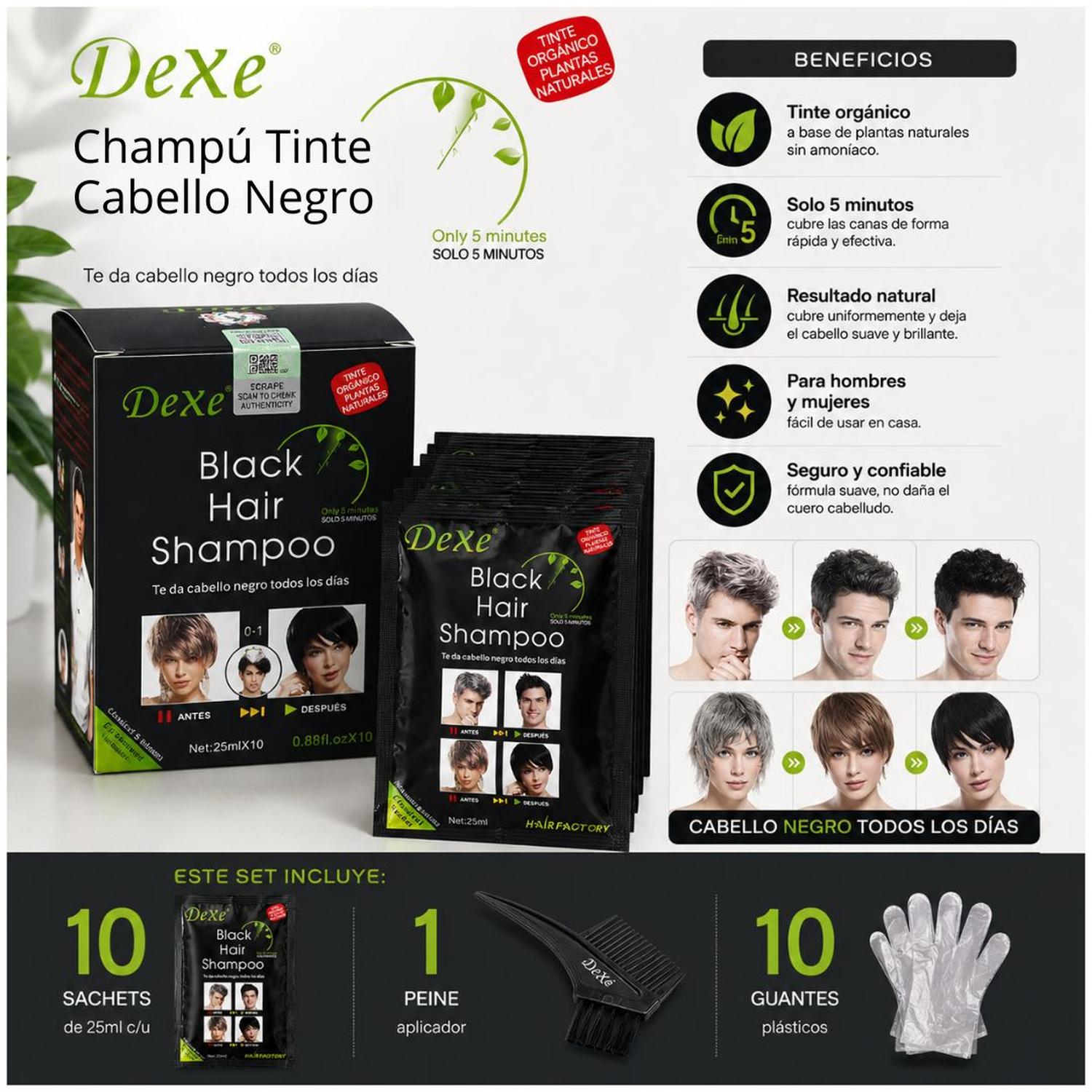 PACK X10 CHAMPÚ TINTE NEGRO DEXE 250ML PARA CANAS CABELLO BARBA PEINE Y GUANTES - 2