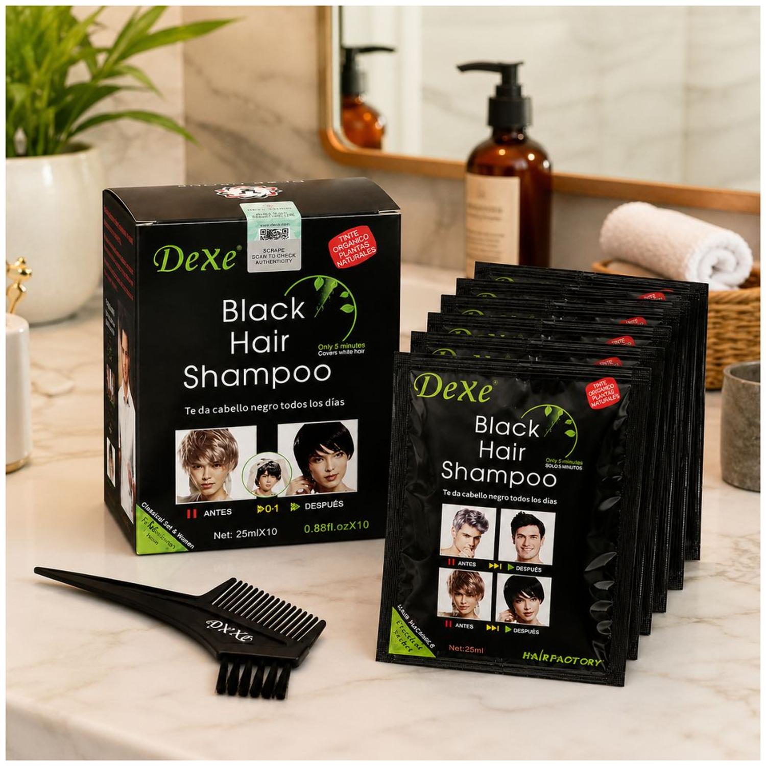 PACK X10 CHAMPÚ TINTE NEGRO DEXE 250ML PARA CANAS CABELLO BARBA PEINE Y GUANTES - 3