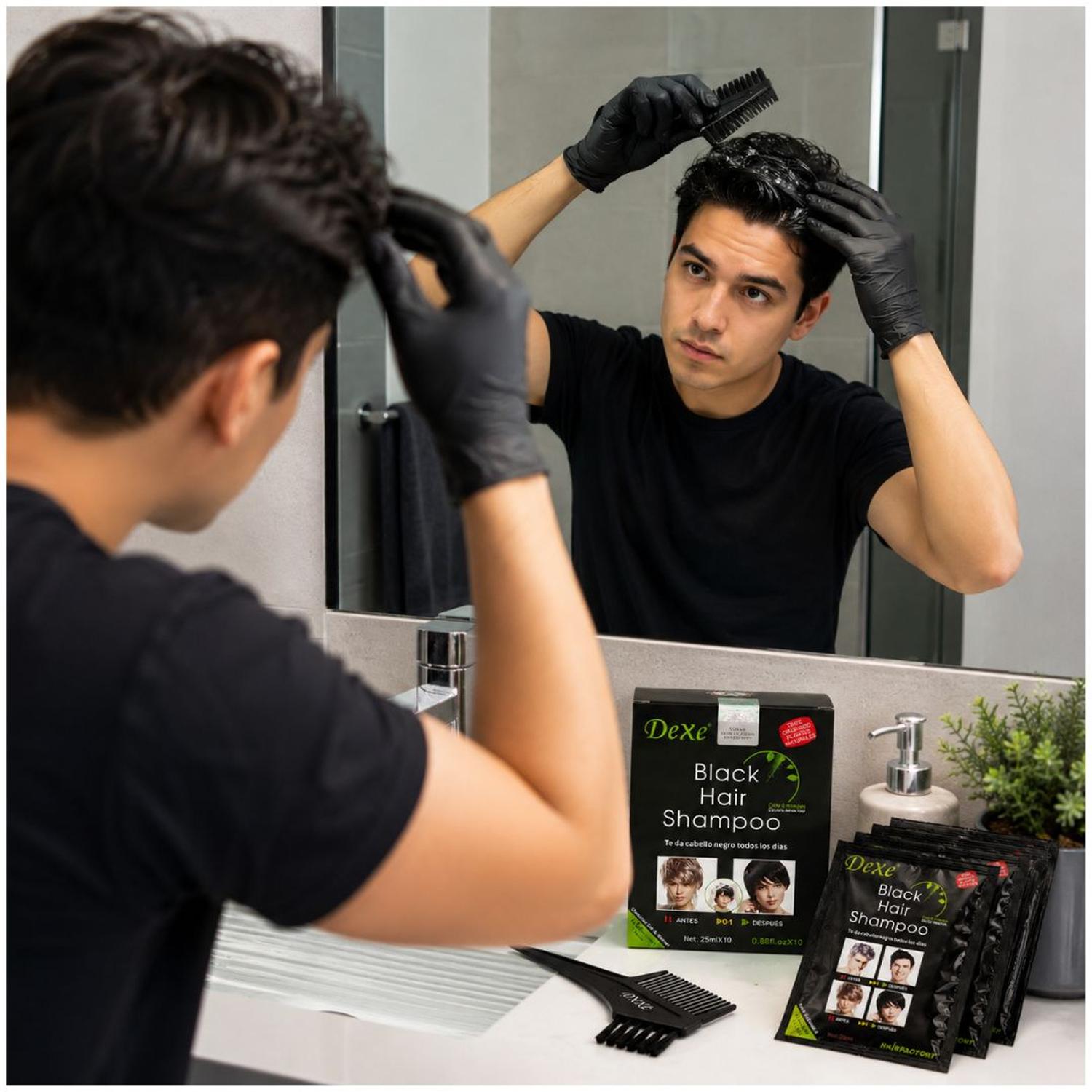 PACK X10 CHAMPÚ TINTE NEGRO DEXE 250ML PARA CANAS CABELLO BARBA PEINE Y GUANTES - 4