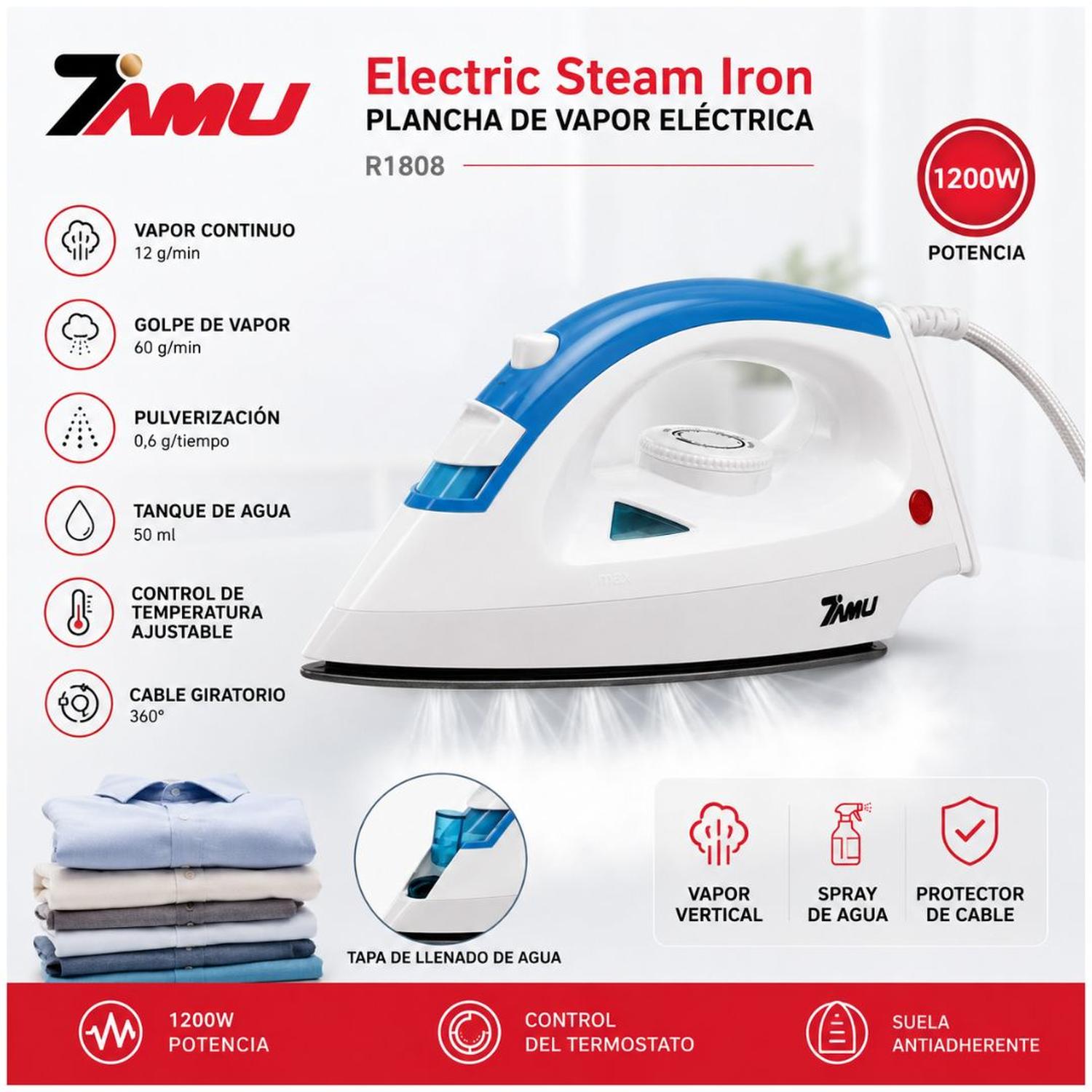 PLANCHA A VAPOR ELÉCTRICA 1200W BASE ANTIADHERENTE ZIMU R1808 - 3