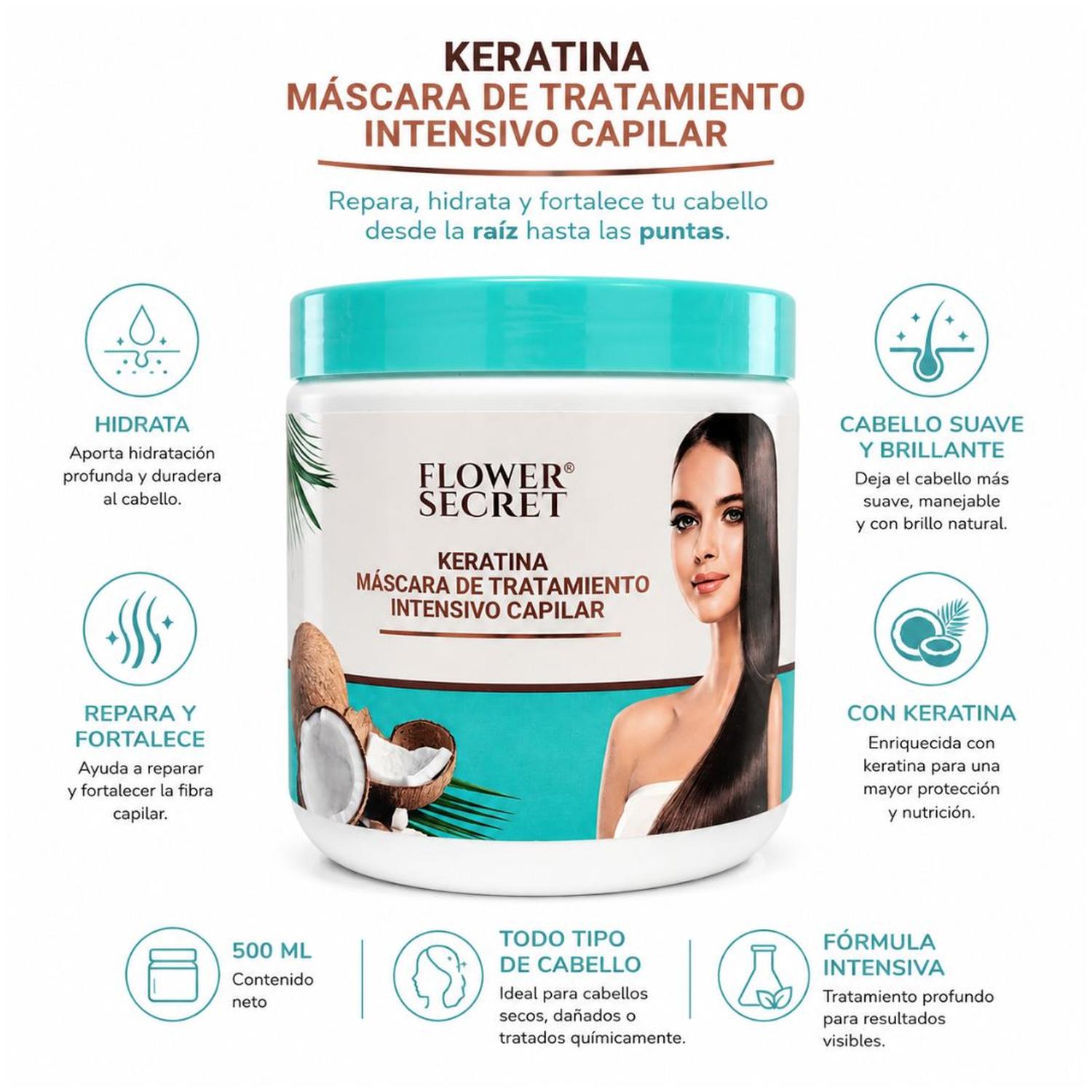 MASCARILLA CAPILAR FLOWER SECRET KERATINA CON COCO 500 ML HIDRATANTE Y NUTRITIVO - 4