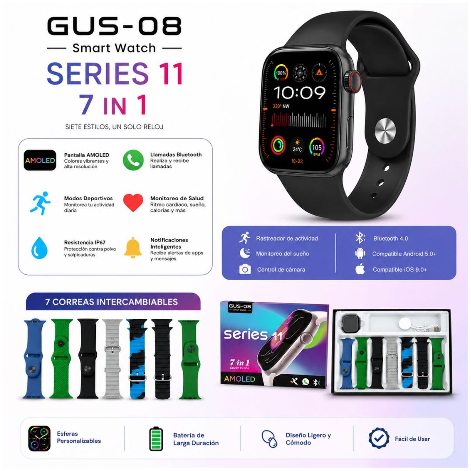 SMARTWATCH GUS-08 SERIES 11 AMOLED 7 EN 1 CON 7 CORREAS Y MODOS DEPORTIVOS TAMAÑO M - 2