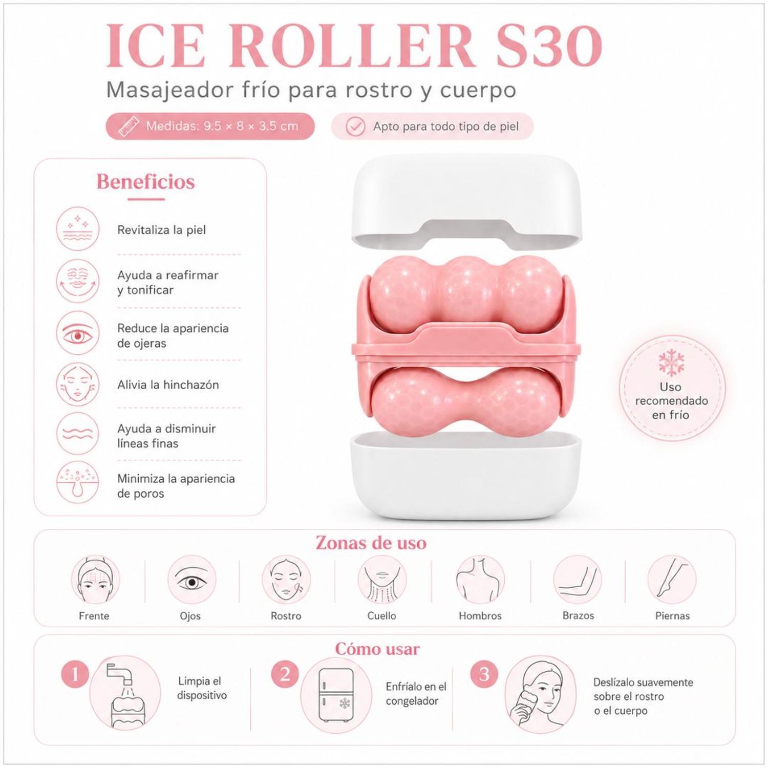 MASAJEADOR FACIAL ICE ROLLER S30 SKINCARE ROSTRO CUELLO CUERPO DOBLE CABEZAL TAMAÑO M - 4