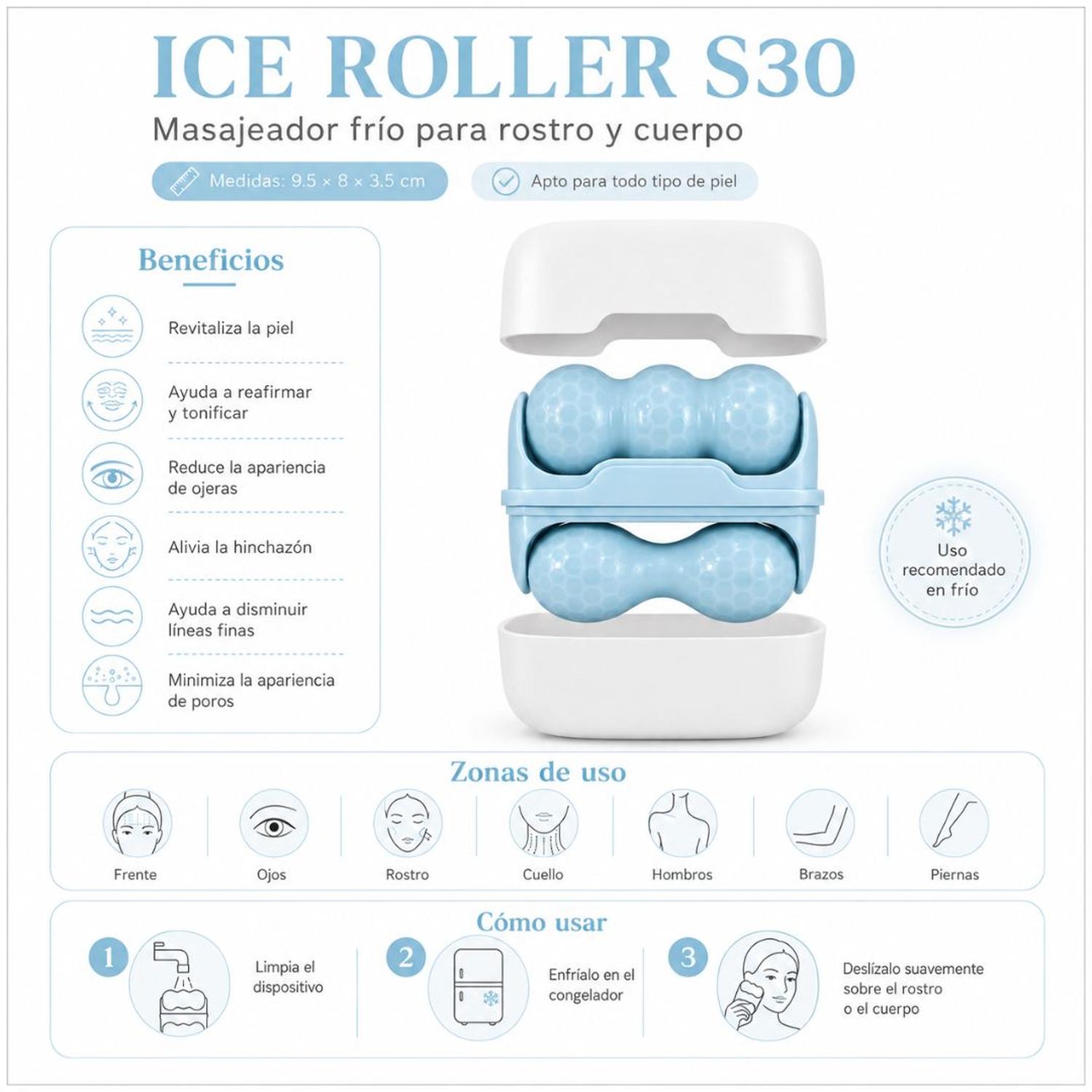 MASAJEADOR FACIAL ICE ROLLER S30 SKINCARE ROSTRO CUELLO CUERPO DOBLE CABEZAL TAMAÑO M - 4