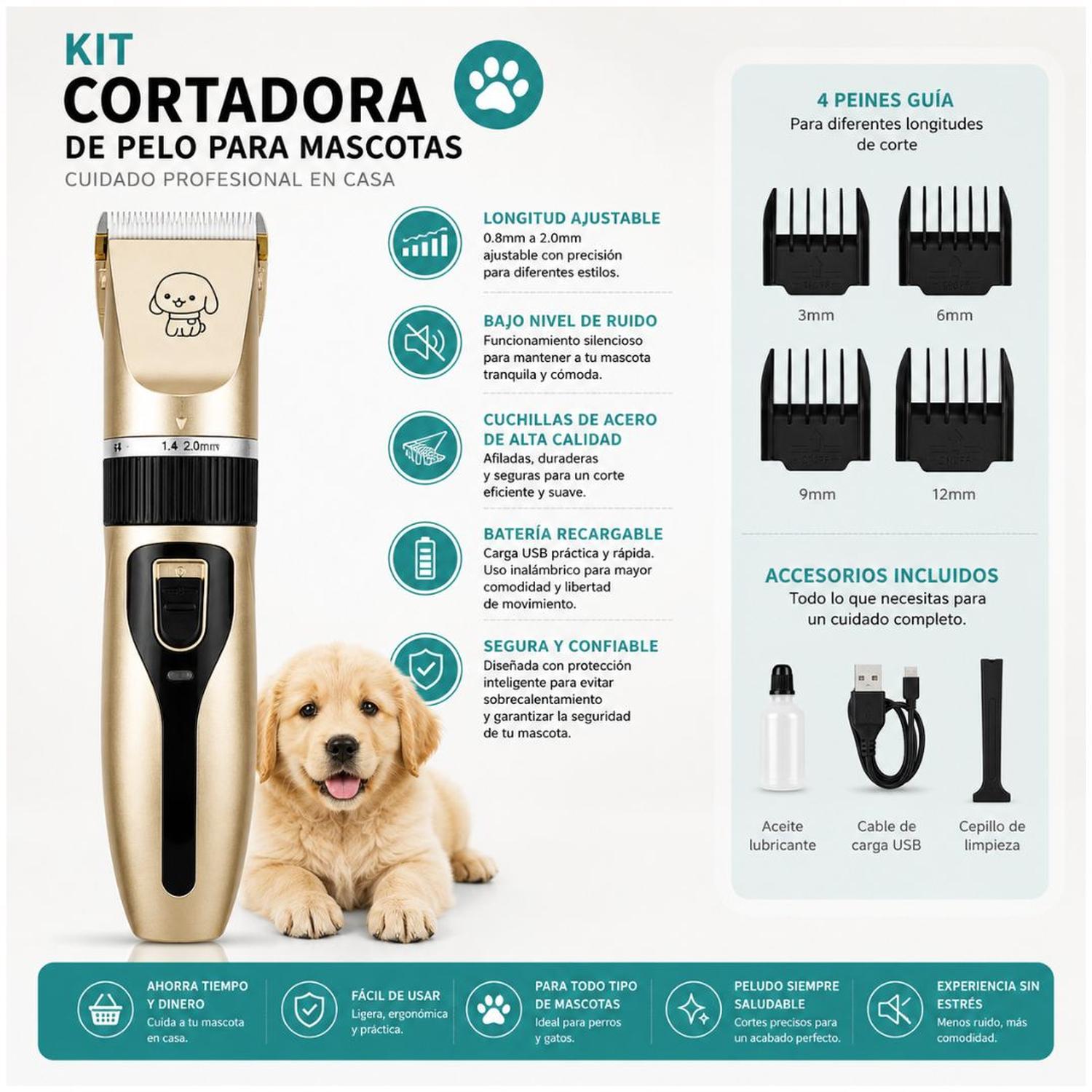KIT MAQUINA CORTA PELO PERRO MASCOTA INALÁMBRICA RECARGABLE USB Y ACCESORIOS - 4