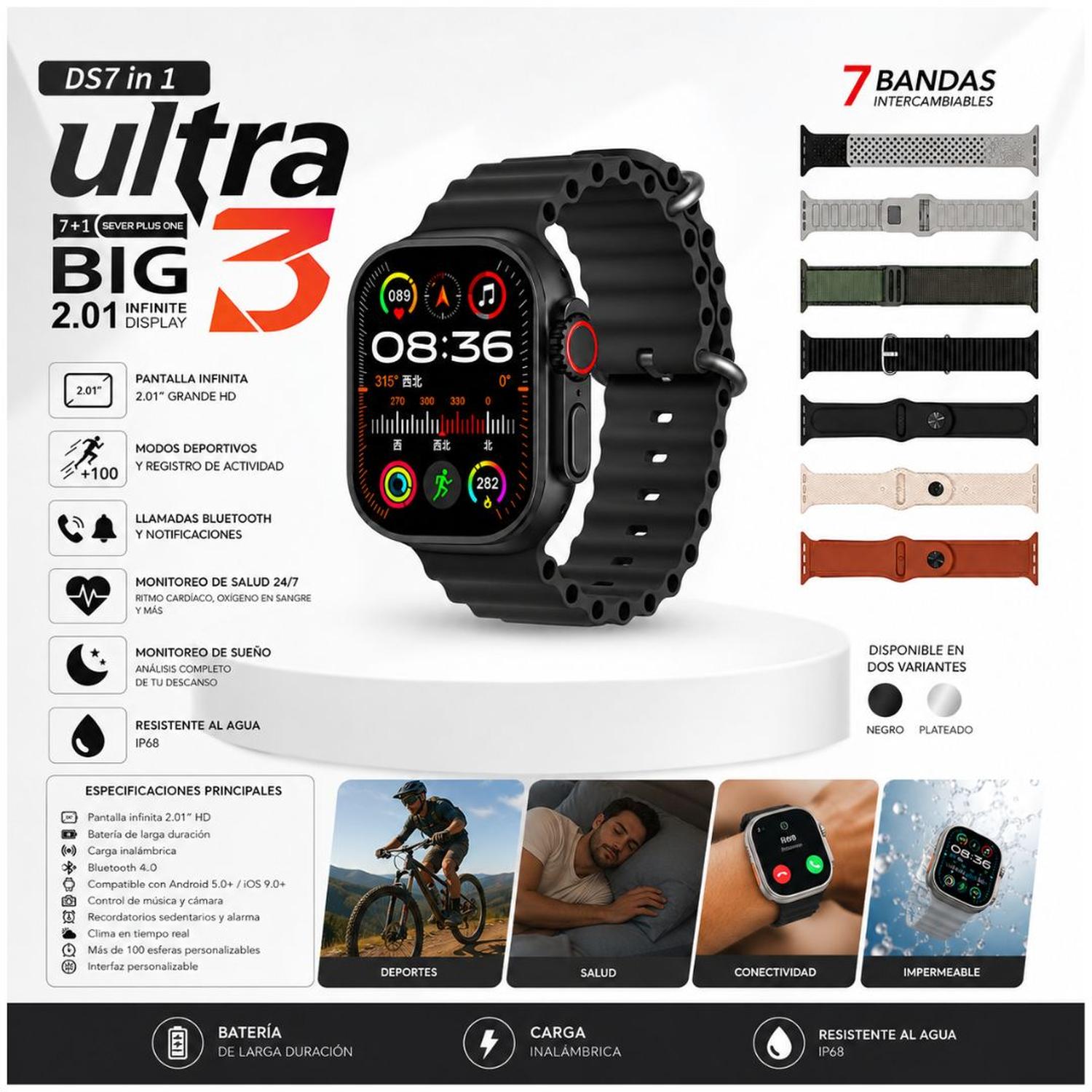 SMARTWATCH DS7 EN 1 ULTRA BIG 3 CON 7 CORREAS MONITOREO SALUD Y MODOS DEPORTIVOS TAMAÑO M - 2