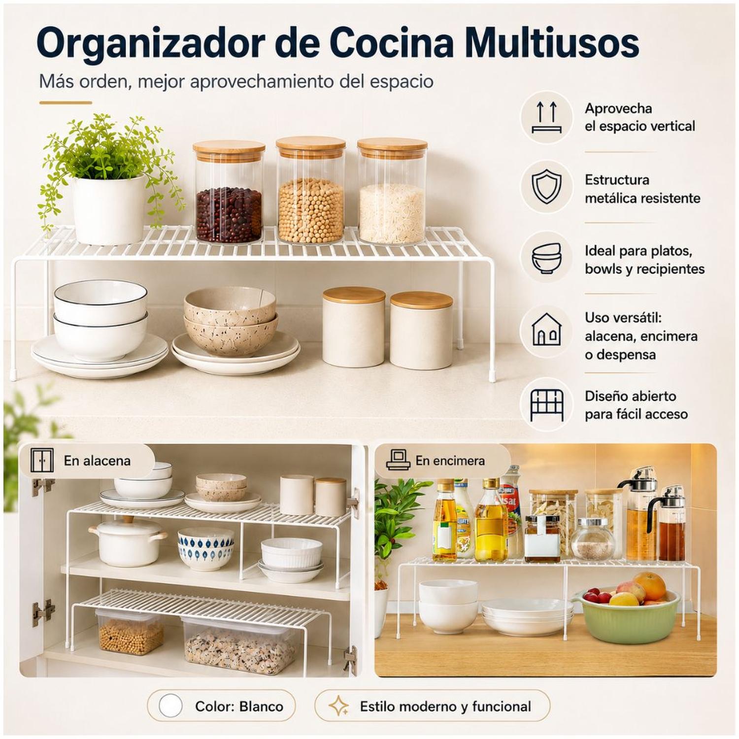 ORGANIZADOR MULTIFUNCIONAL REPOSTERO LAVADERO COCINA AJUSTABLE 16X70X21.5CM TAMAÑO M - 4